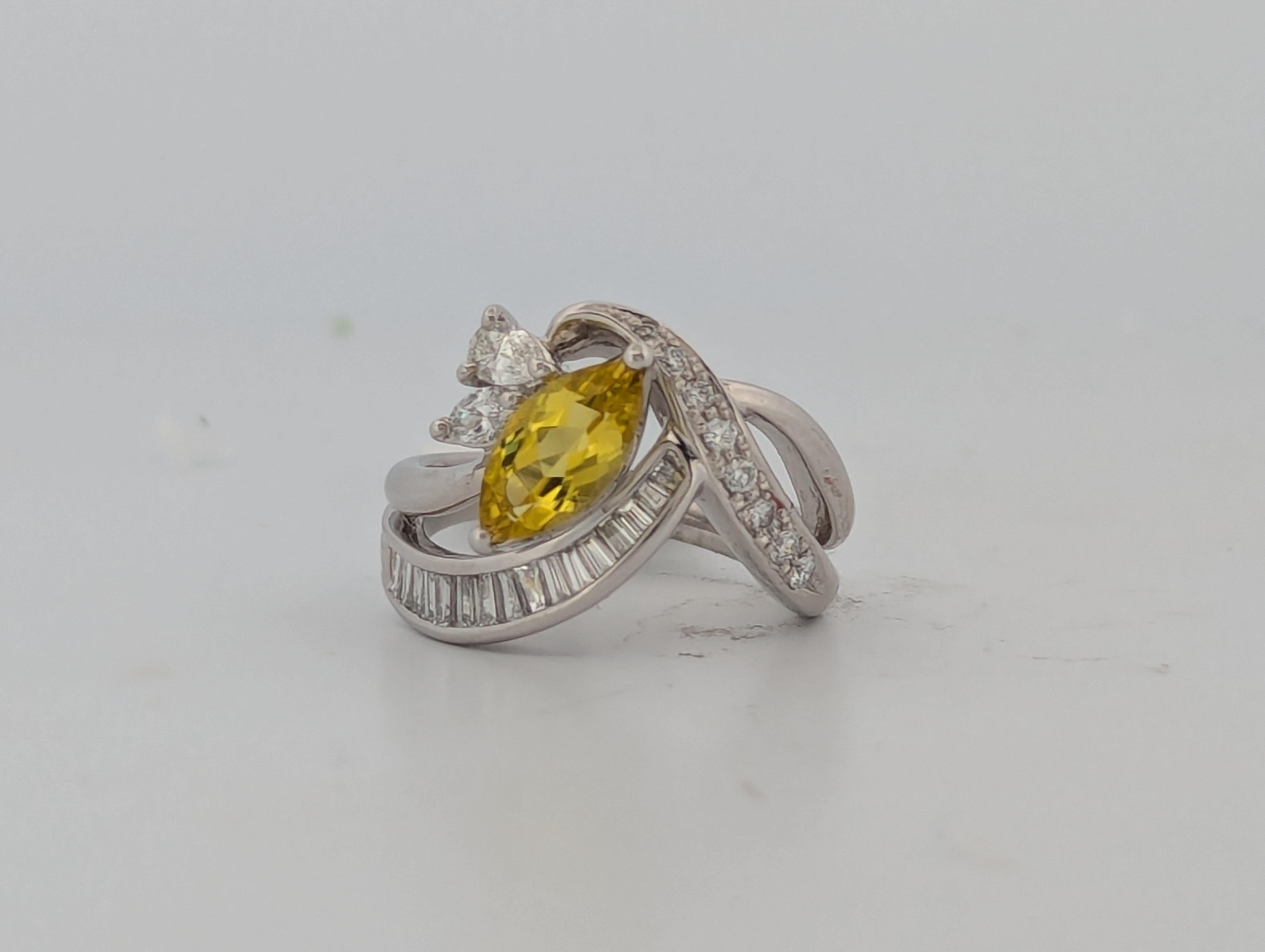 Round Cut Tamsin Platinum Ring With 1.04ct Yellow Tourmaline & 0.62ctw Diamonds For Sale