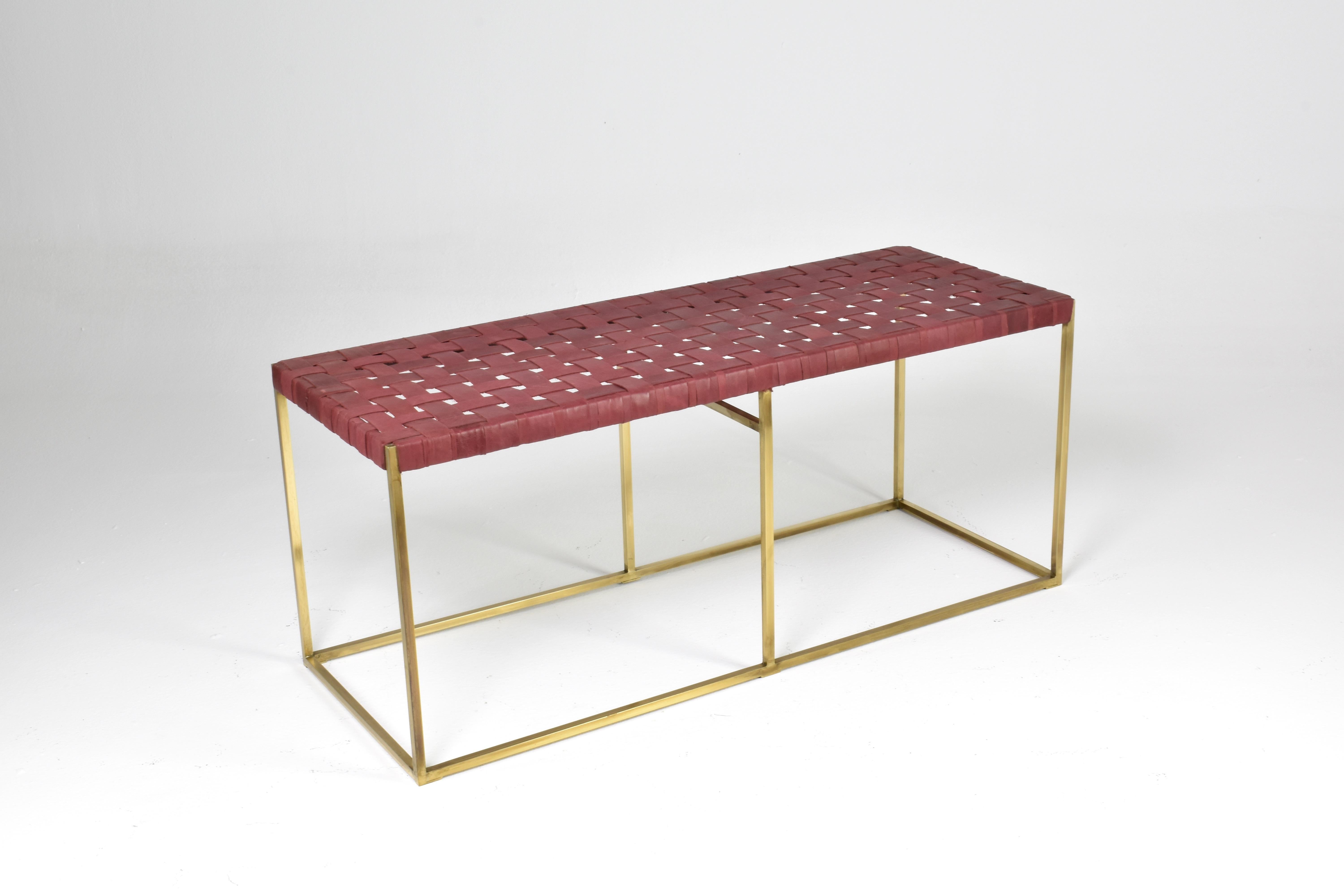 Moroccan TAMT Woven Leather and Brass Bench by Jonathan Amar, Morocco For Sale