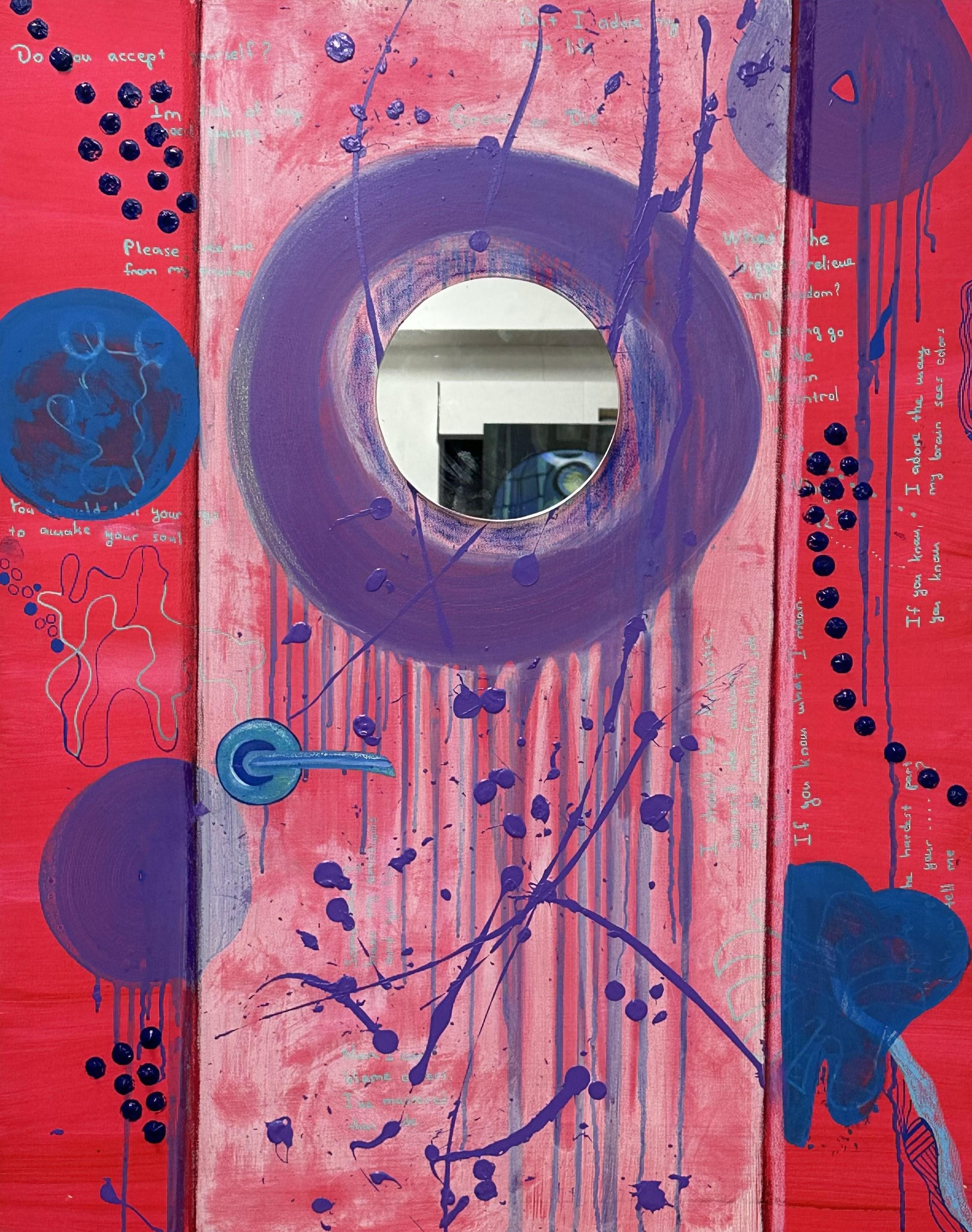 Acrylic, oil, soft pastel & marker, mirror on canvas 