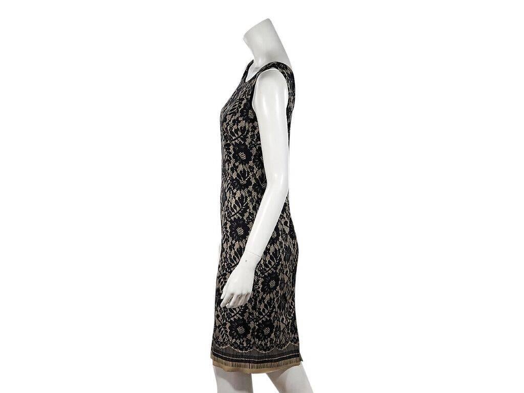 Product details:  Tan and black lace sheath dress by Dolce & Gabbana.  Wide scoopneck.  Sleeveless.  V-back.  Concealed zip closure.  Back center hem vent.  34
