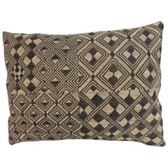 Tan and Black Woven African Kuba Textile Decorative Pillow