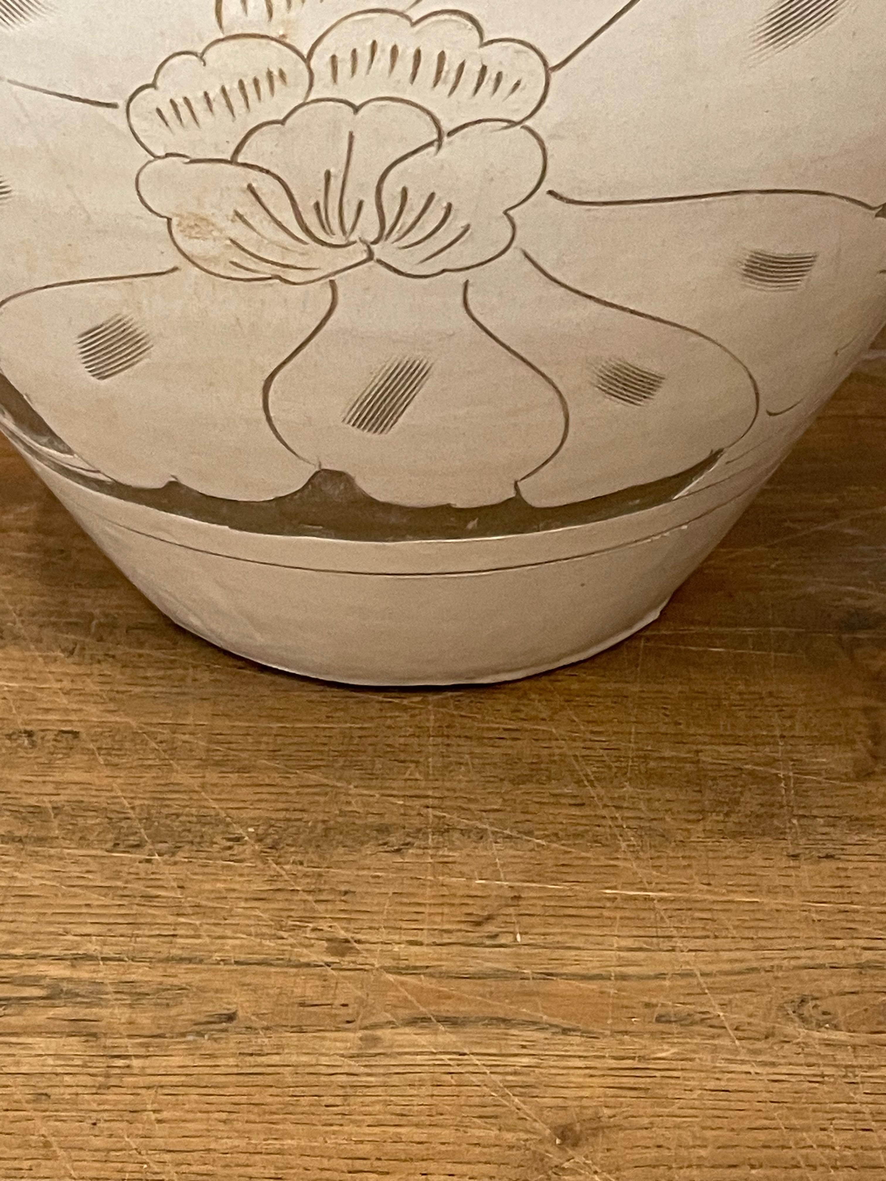 Tan And Cream Embossed Bowl Shaped Vase, China, Contemporary In New Condition For Sale In New York, NY