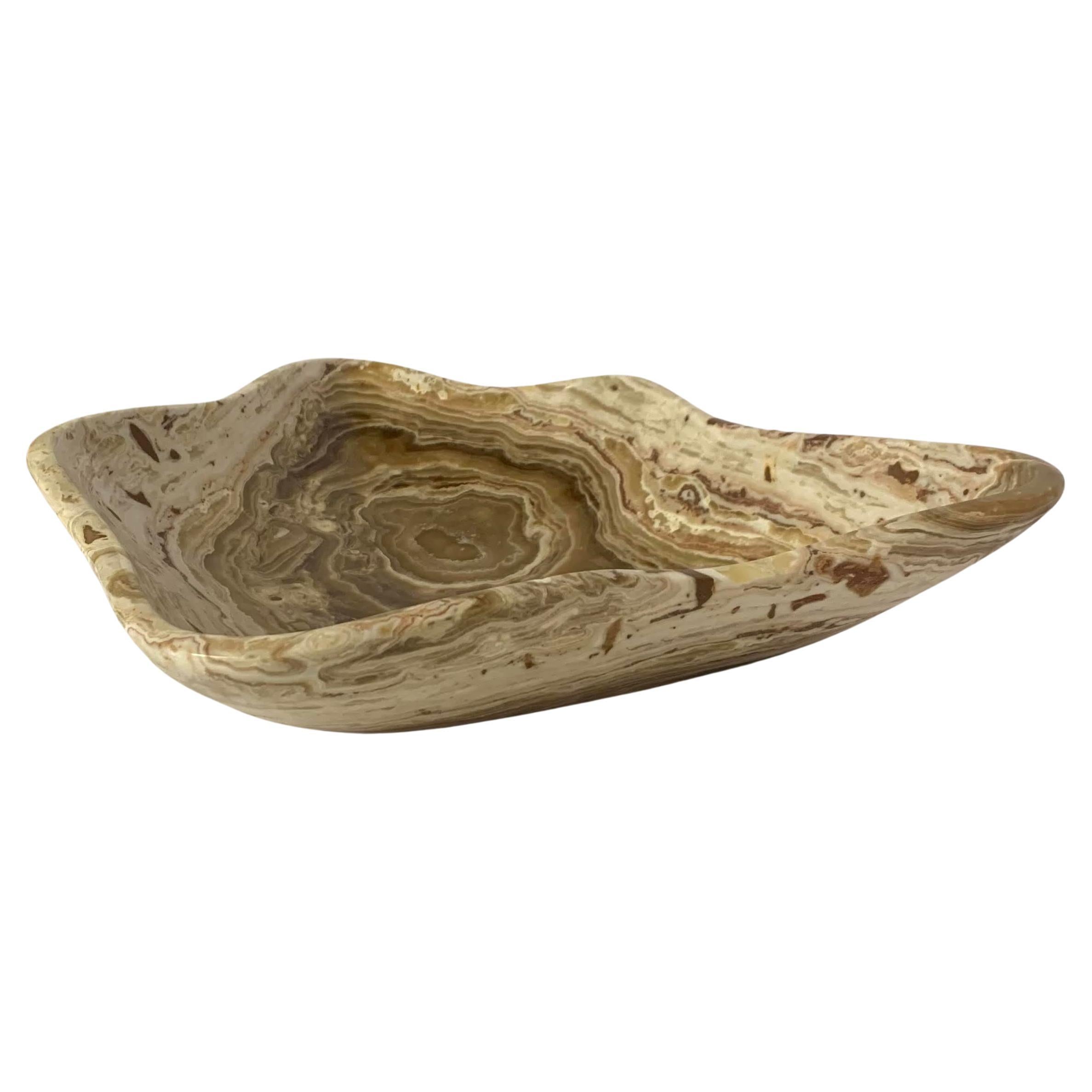 Tan And Cream Free Form Shaped Onyx Bowl, Moroccan, Contemporary