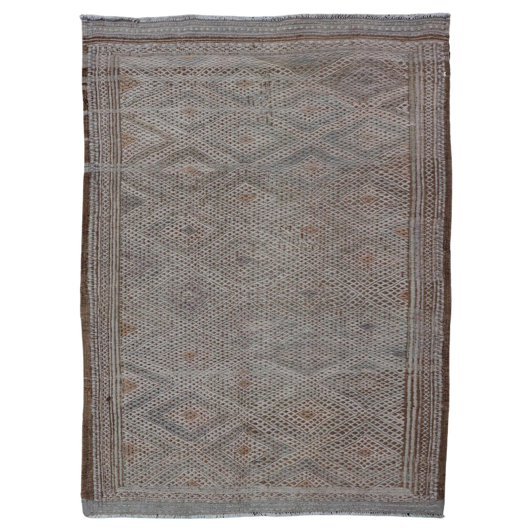 Tan and Cream Vintage Turkish Embroidered Rug with Geometric Diamond Design For Sale