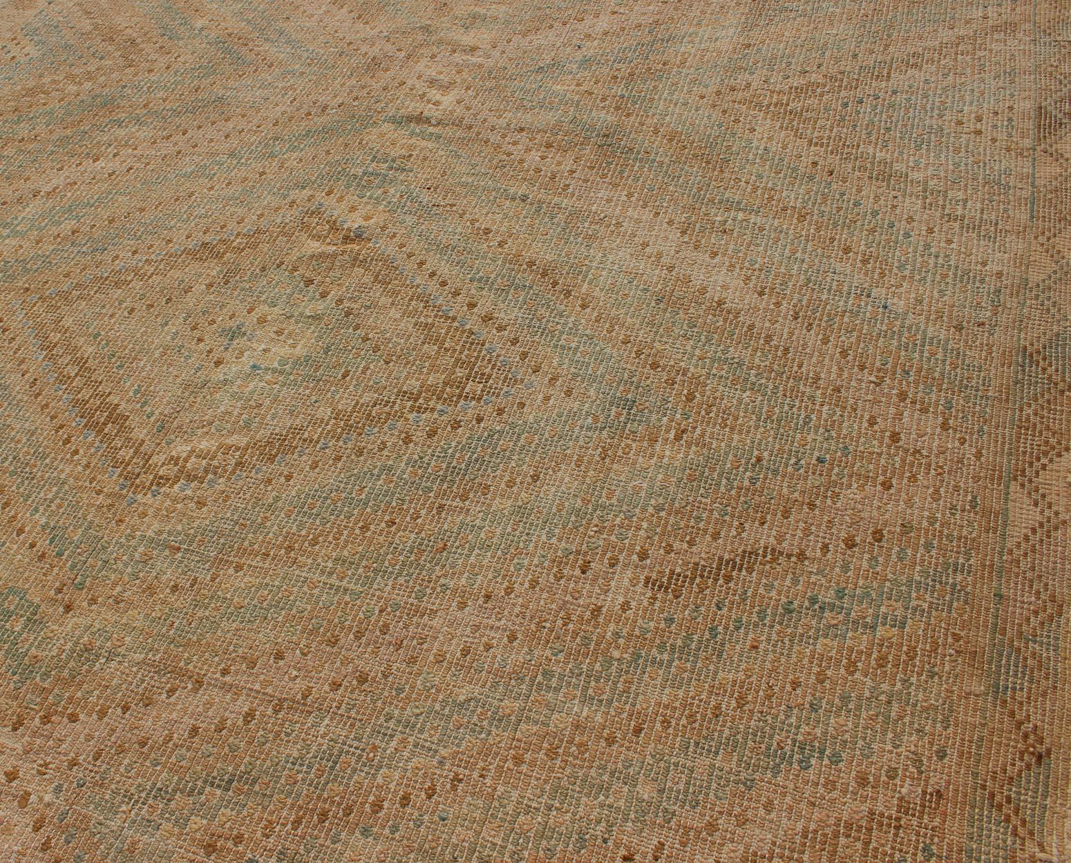 Wool Vintage Turkish Kilim in Faded Camel and Soft Aqua with Subtle Diamond Design For Sale