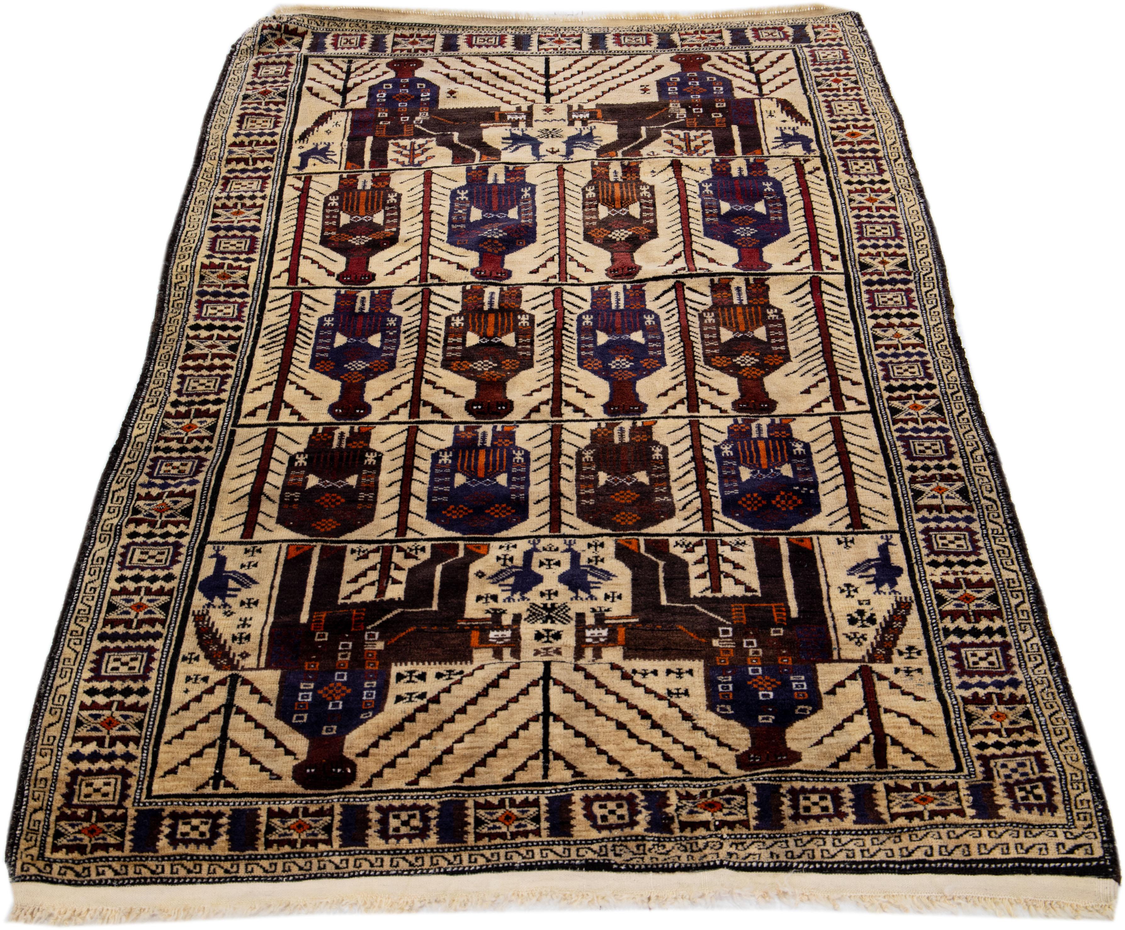 Islamic Tan Antique Balouch Handmade Persian Wool Rug With Pictorial Design For Sale