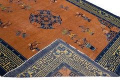 Tan Antique Chinese Art Deco Designed Handmade Wool Rug