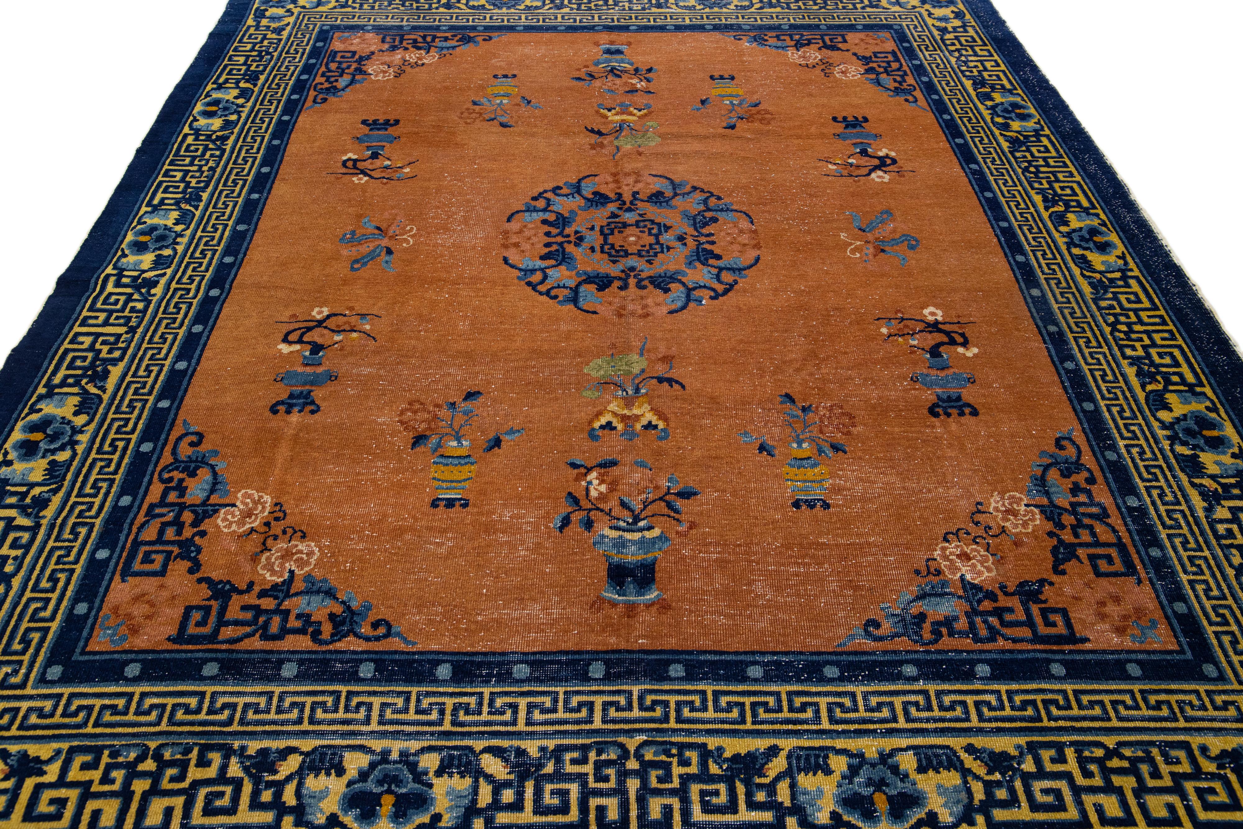 Hand-Knotted Tan Antique Chinese Art Deco Designed Handmade Wool Rug For Sale