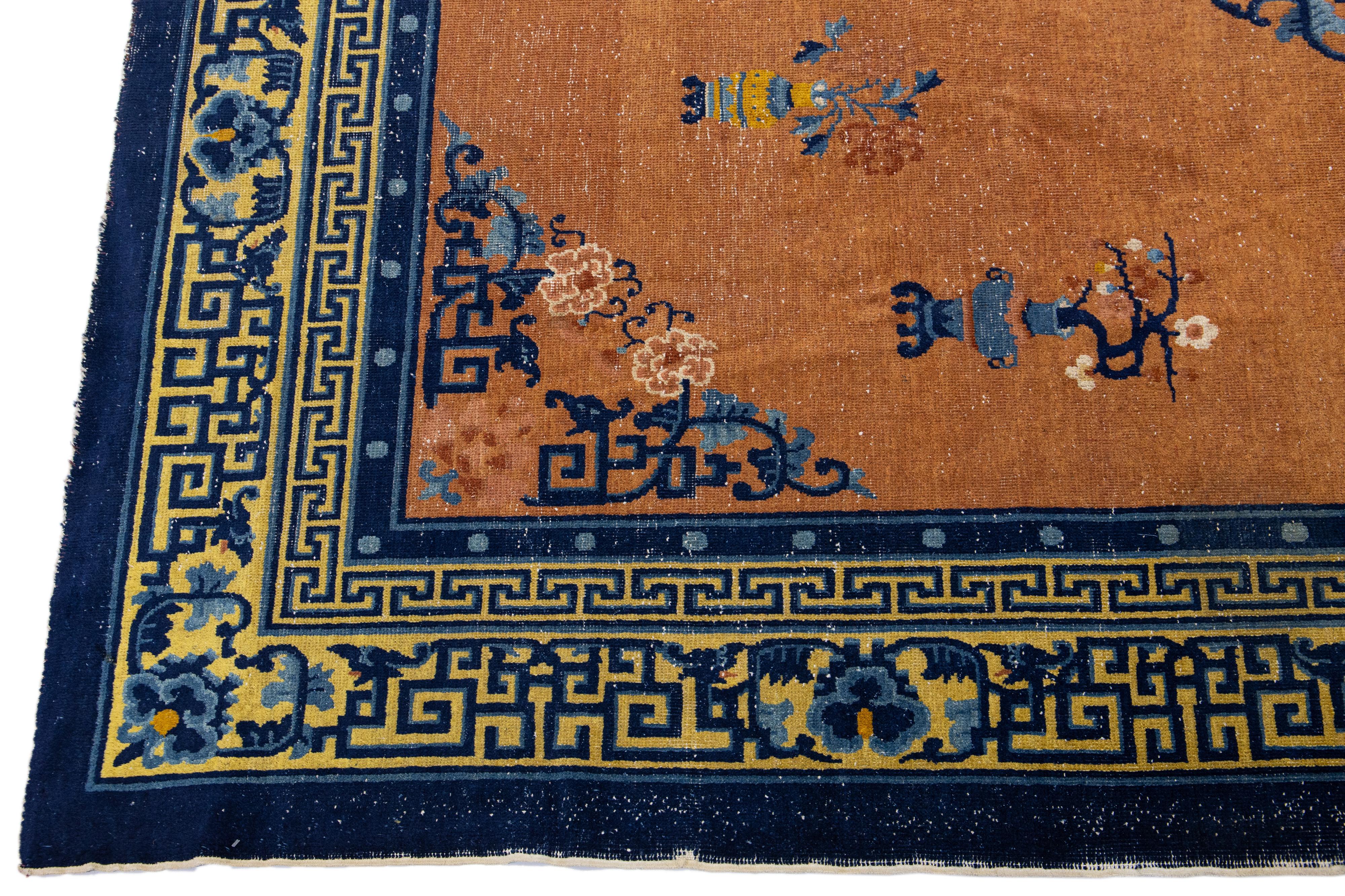 Tan Antique Chinese Art Deco Designed Handmade Wool Rug In Distressed Condition For Sale In Norwalk, CT