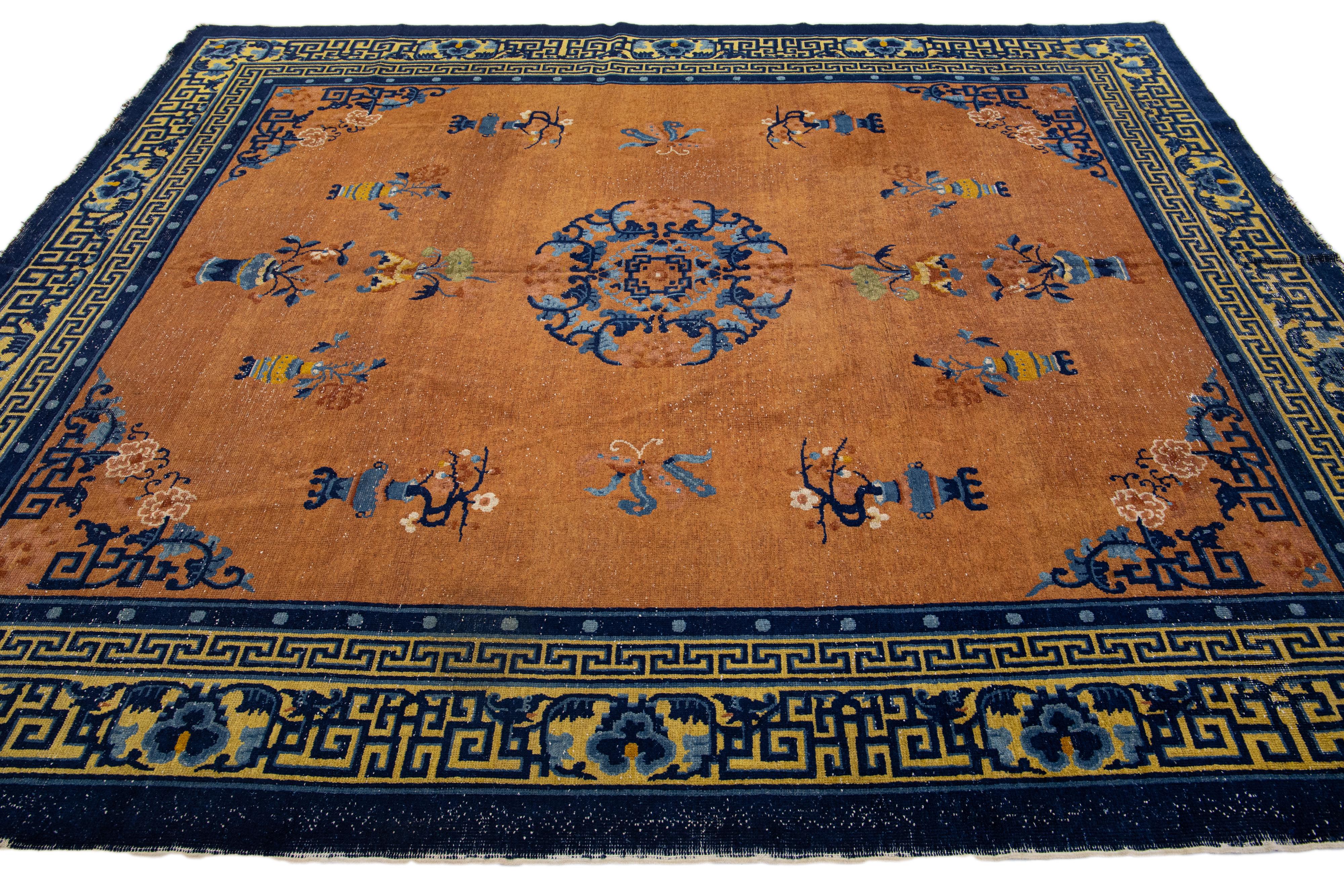 20th Century Tan Antique Chinese Art Deco Designed Handmade Wool Rug For Sale