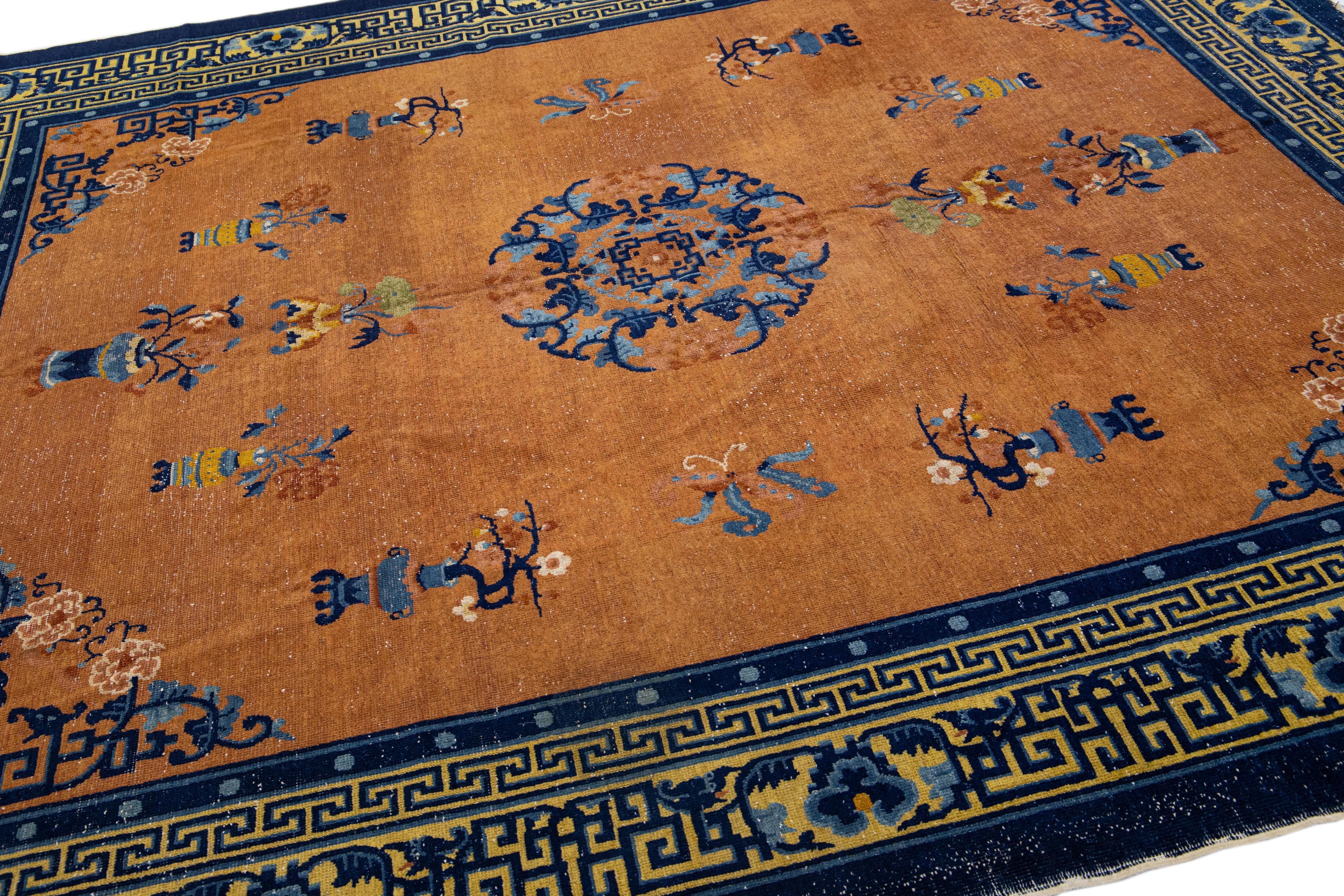 Tan Antique Chinese Art Deco Designed Handmade Wool Rug For Sale 3