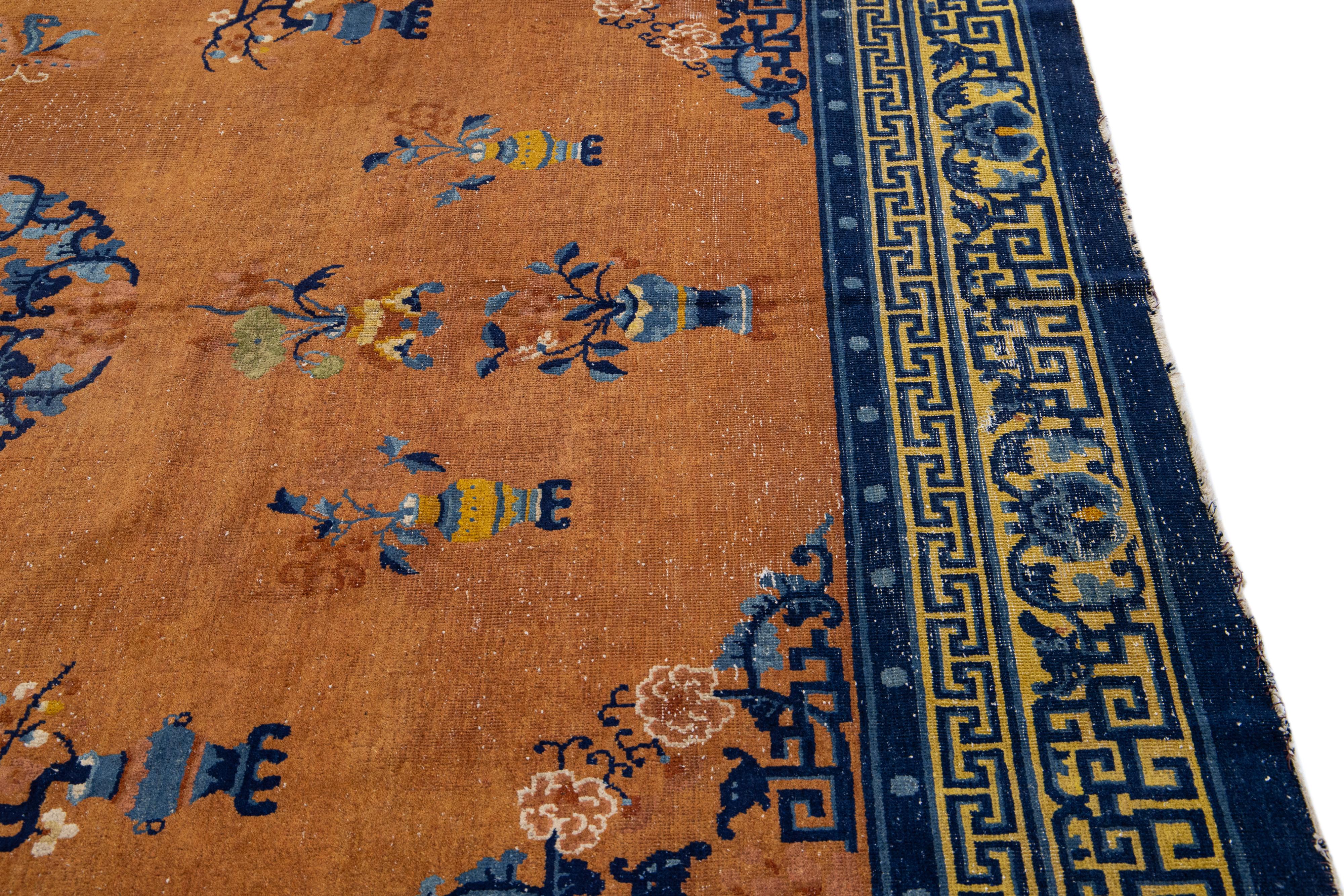 Tan Antique Chinese Art Deco Designed Handmade Wool Rug For Sale 4