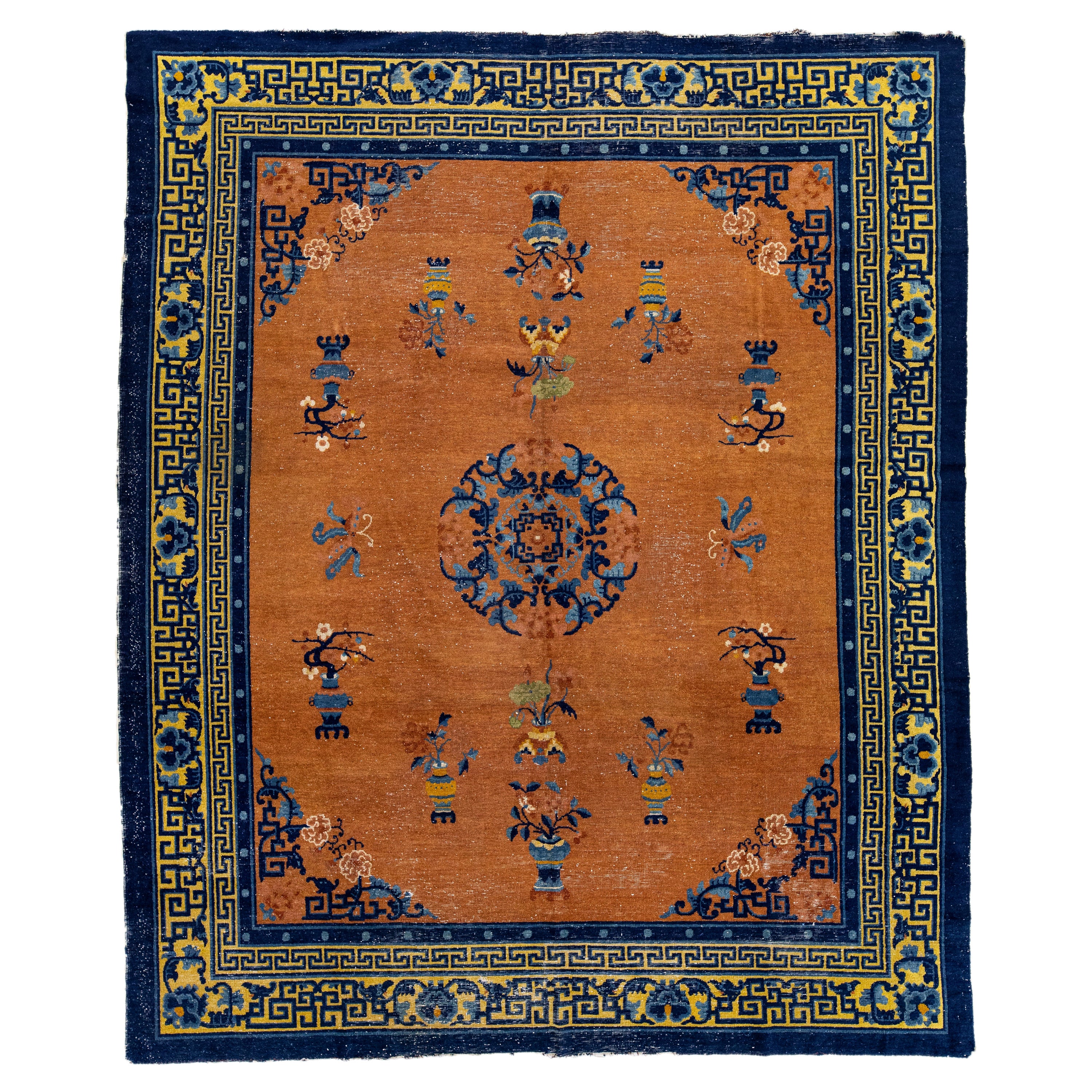 Tapis en laine artisanal Art Déco chinois ancien brun clair conçu à la main