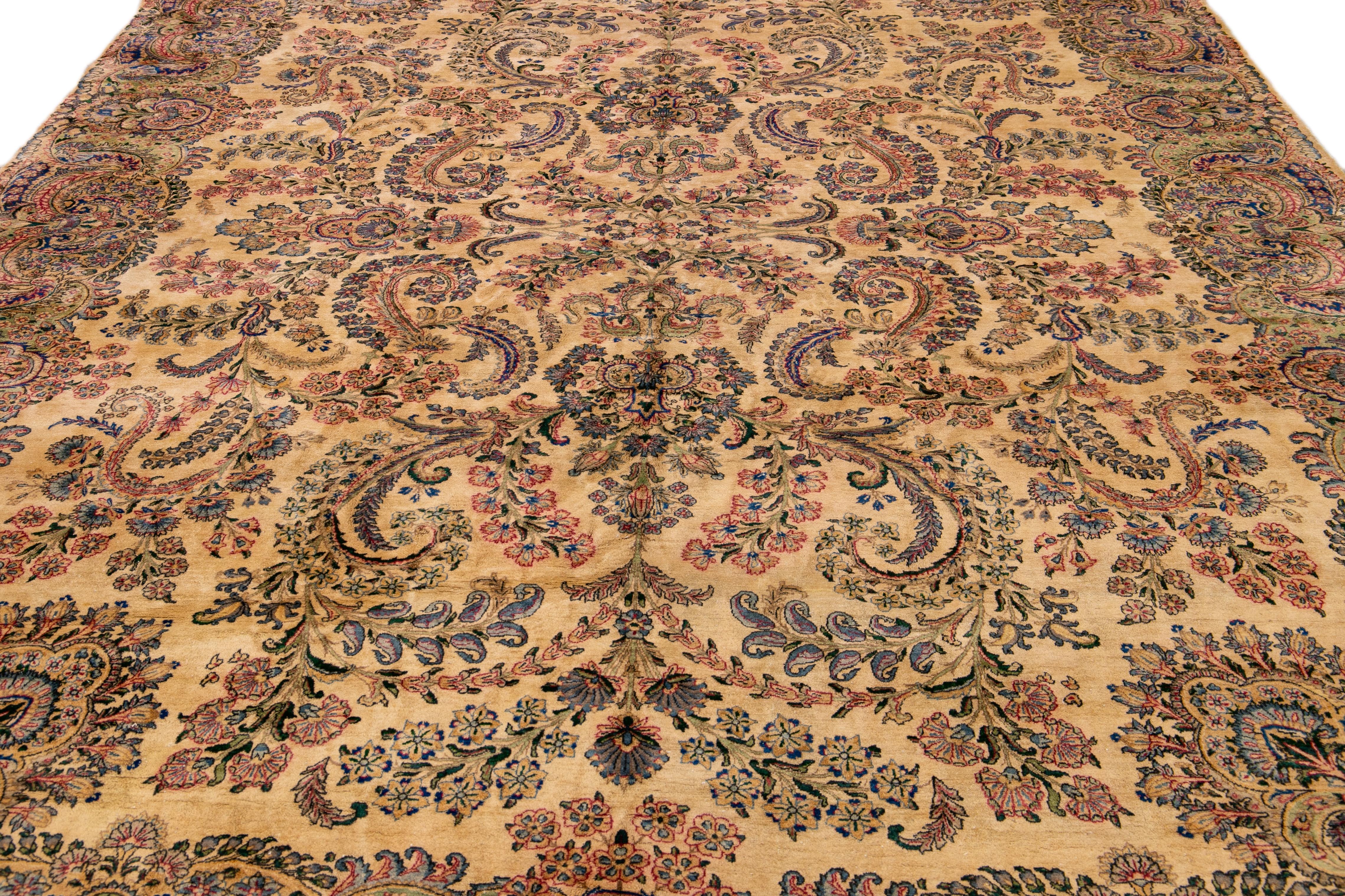 Islamic Tan Antique Kerman Handmade Allover Floral Designed Wool Rug For Sale