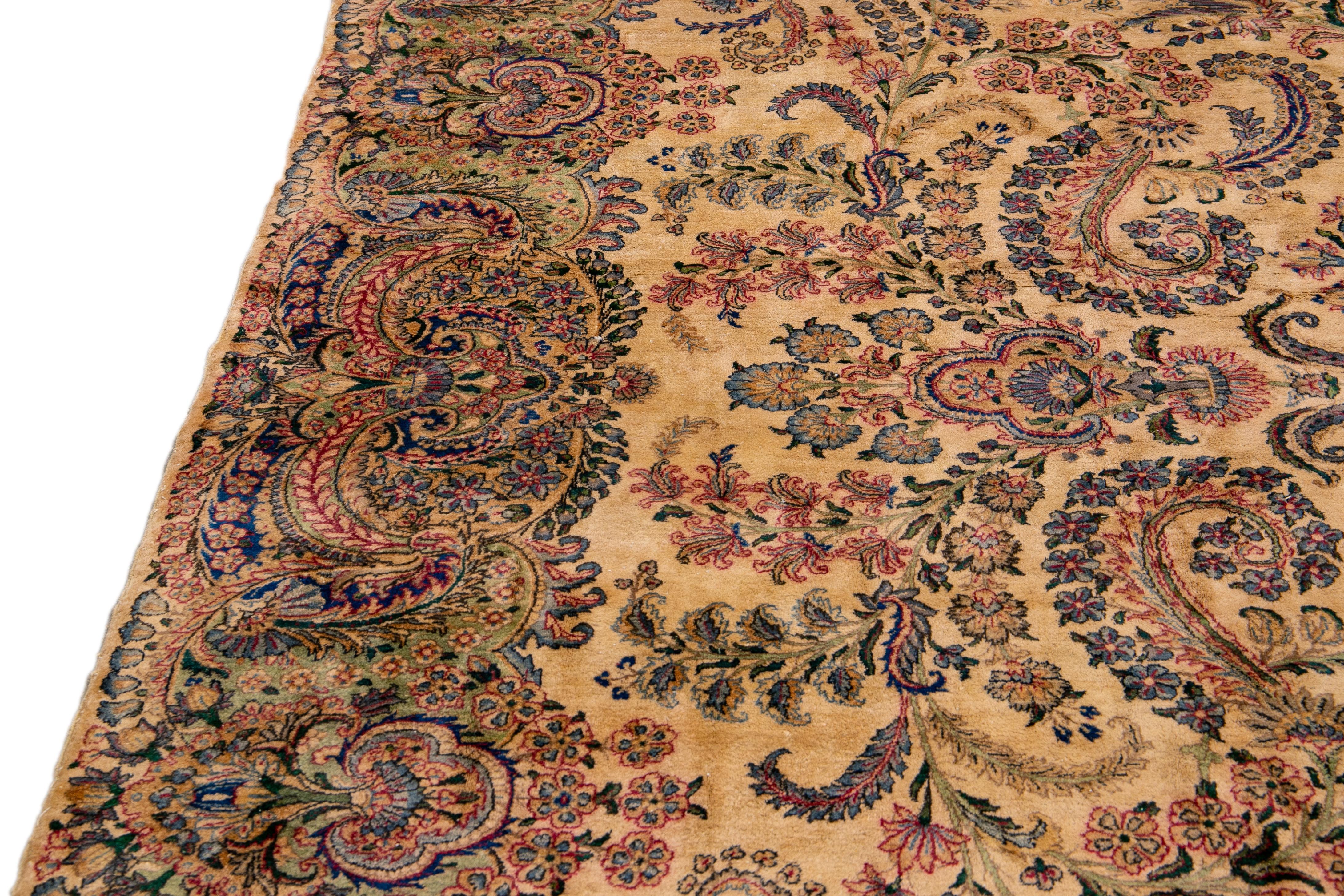 Persian Tan Antique Kerman Handmade Allover Floral Designed Wool Rug For Sale