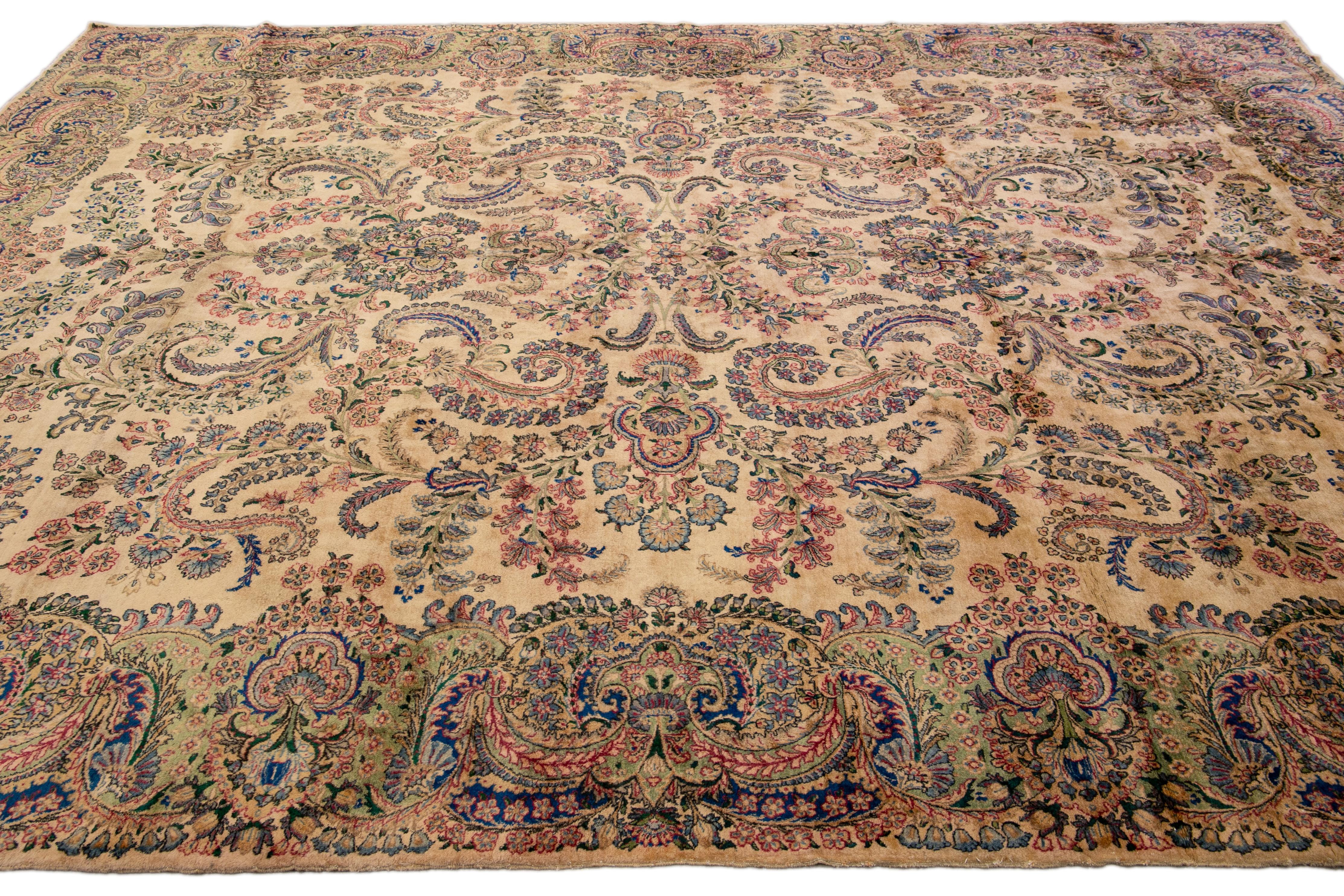 Hand-Knotted Tan Antique Kerman Handmade Allover Floral Designed Wool Rug For Sale