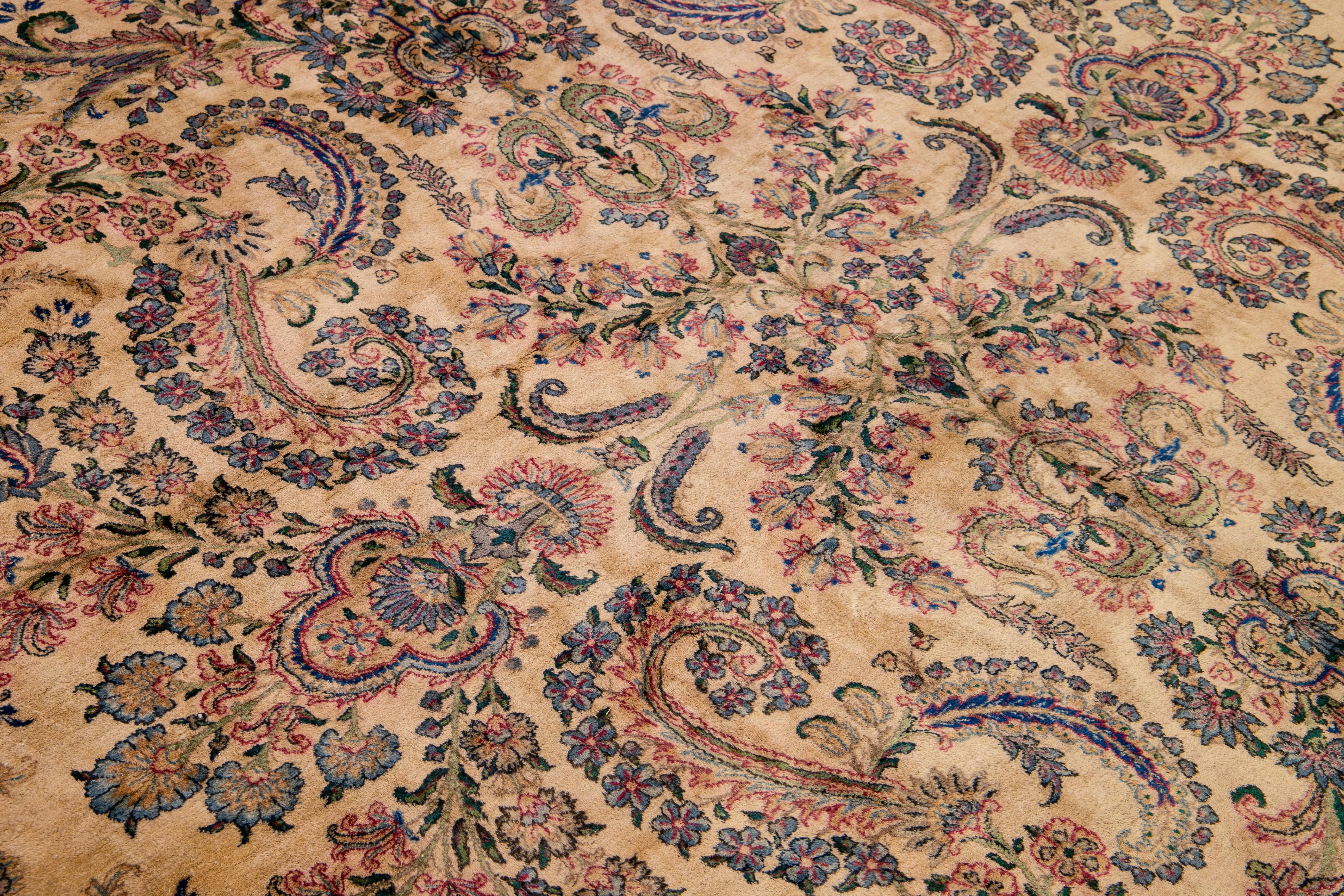 Tan Antique Kerman Handmade Allover Floral Designed Wool Rug In Good Condition For Sale In Norwalk, CT