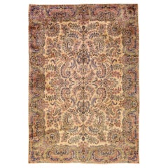 Tan Antique Kerman Handmade Allover Floral Designed Wool Rug