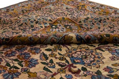 Tan Antique Kerman Handmade Allover Motif Persian Wool Rug