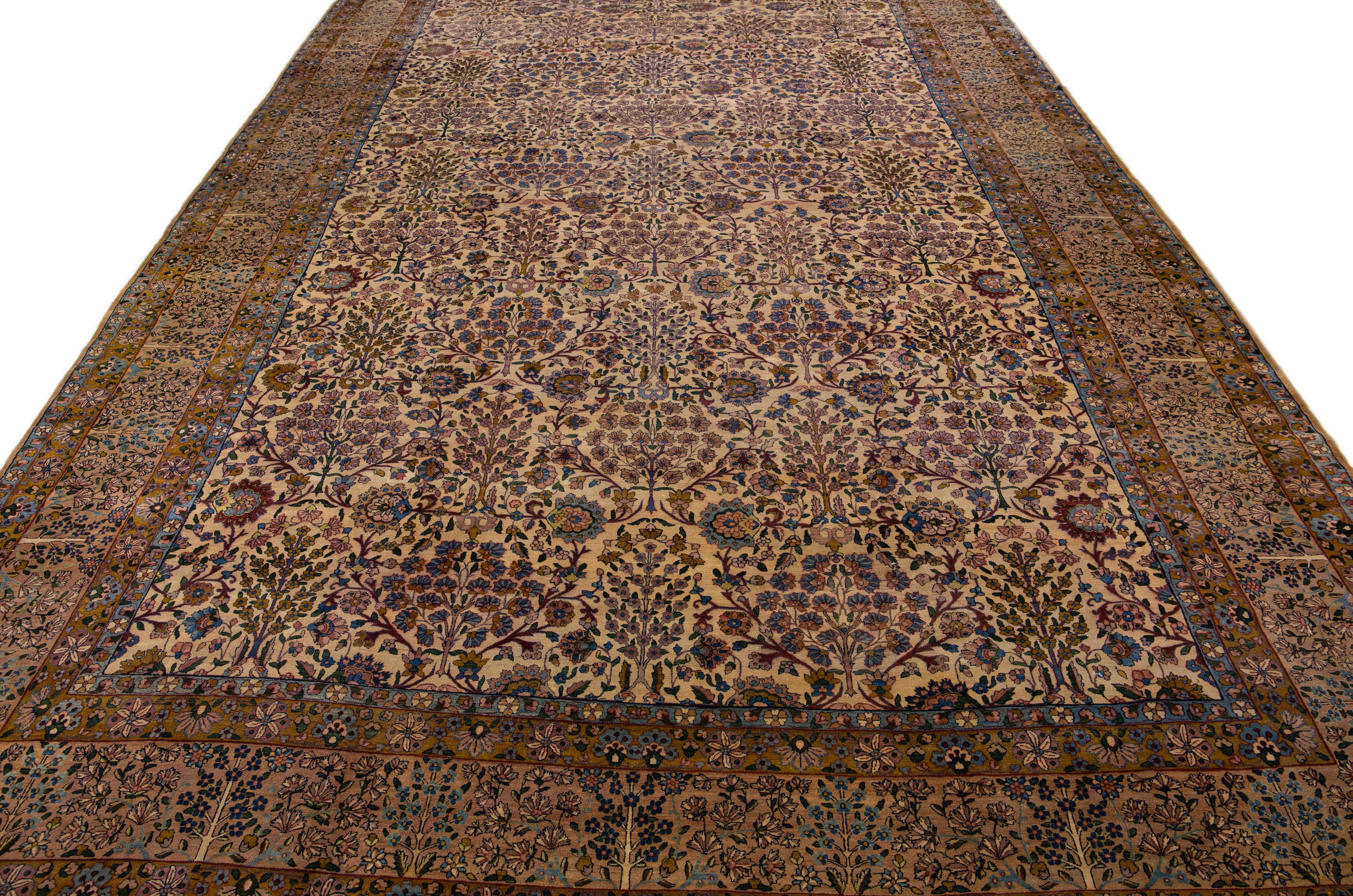 Kirman Tan Antique Kerman Handmade Allover Motif Persian Wool Rug For Sale