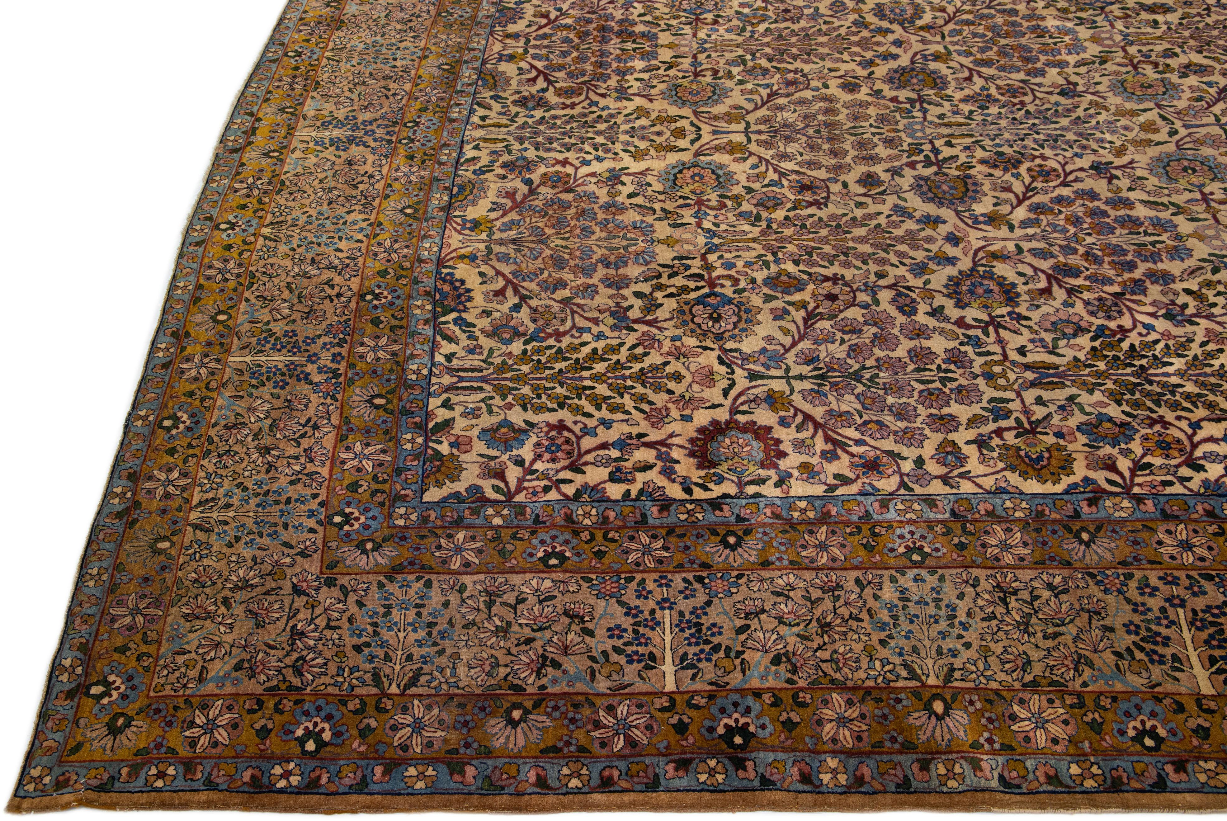 Hand-Knotted Tan Antique Kerman Handmade Allover Motif Persian Wool Rug For Sale