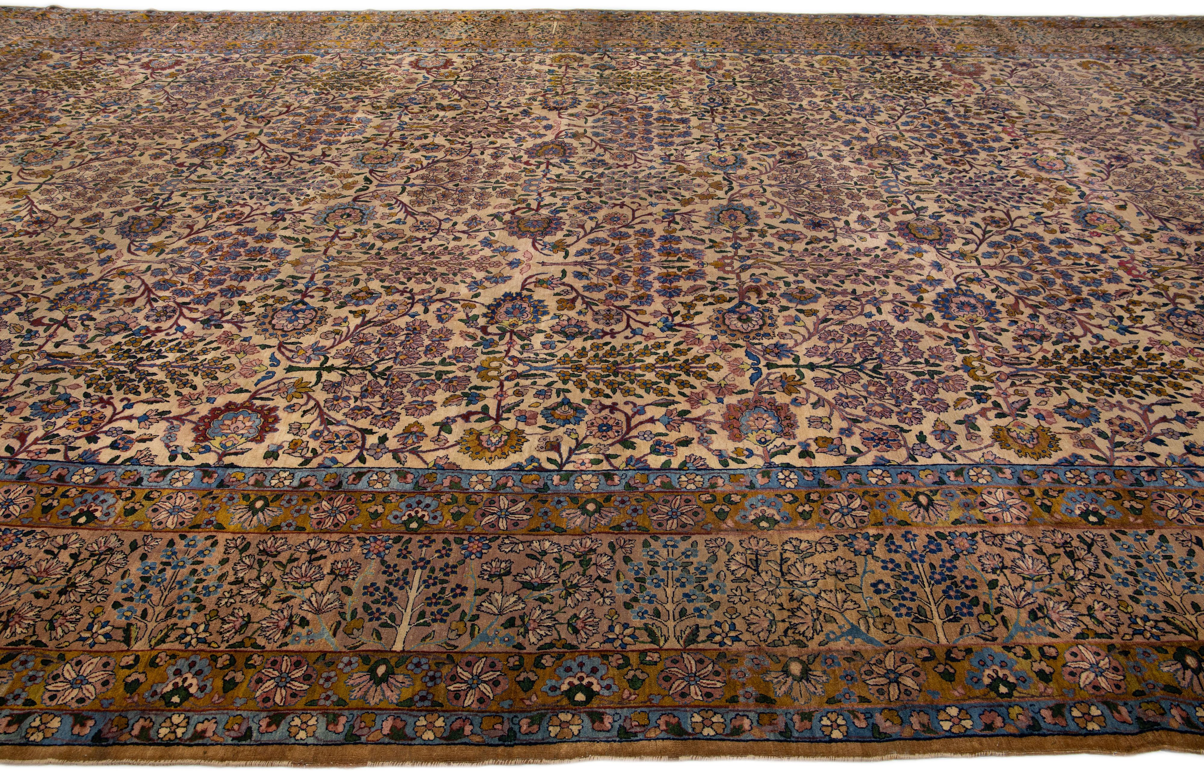 Tan Antique Kerman Handmade Allover Motif Persian Wool Rug In Good Condition For Sale In Norwalk, CT