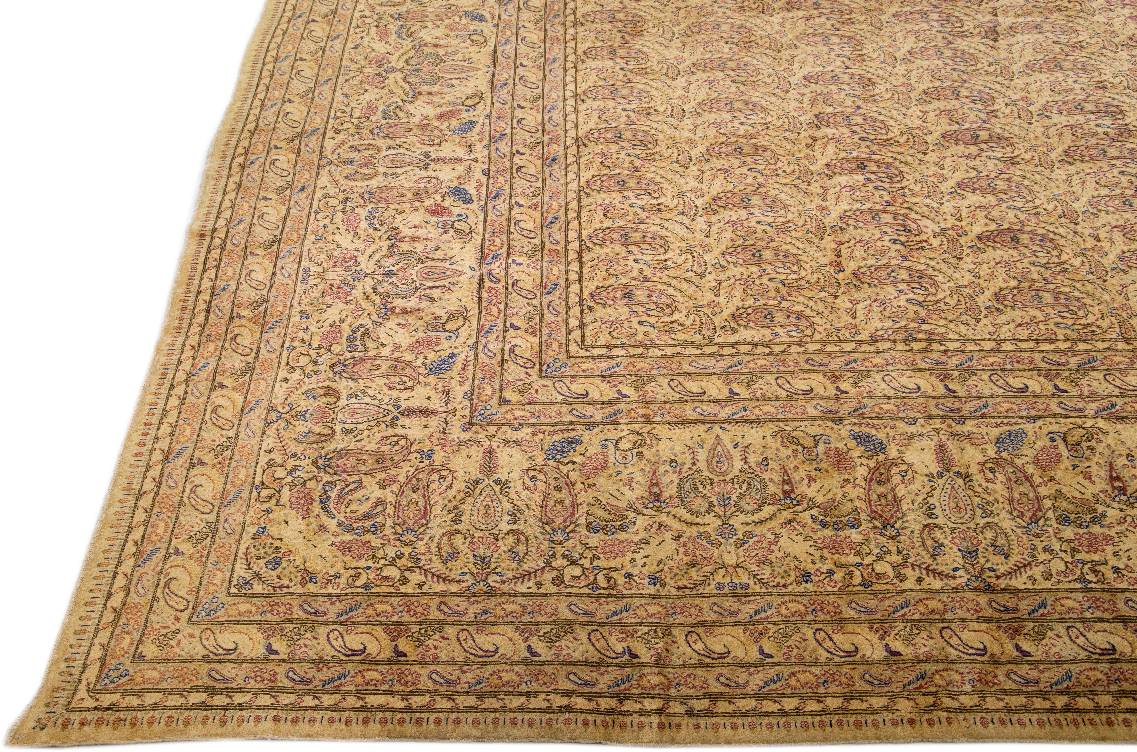 Hand-Knotted Tan Antique Kerman Handmade Allover Pattern Persian Wool Rug For Sale