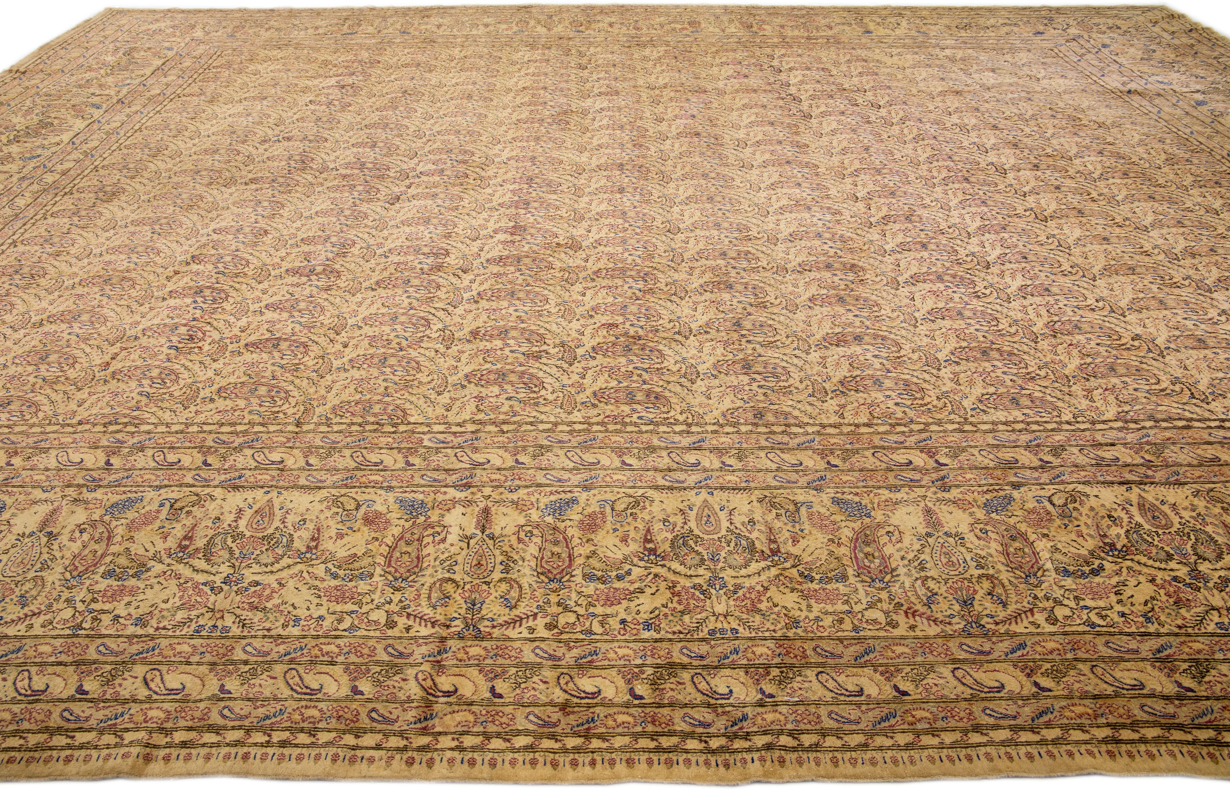 Tan Antique Kerman Handmade Allover Pattern Persian Wool Rug In Good Condition For Sale In Norwalk, CT