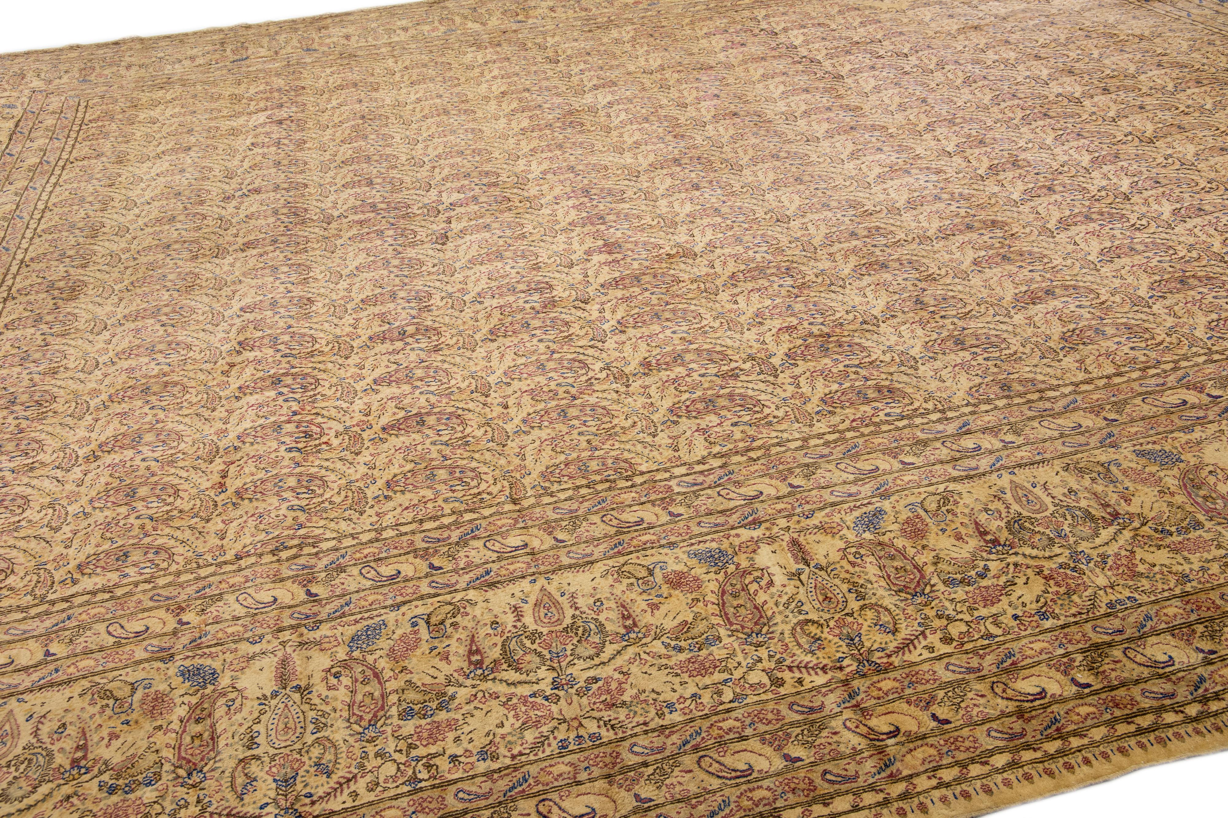 20th Century Tan Antique Kerman Handmade Allover Pattern Persian Wool Rug For Sale