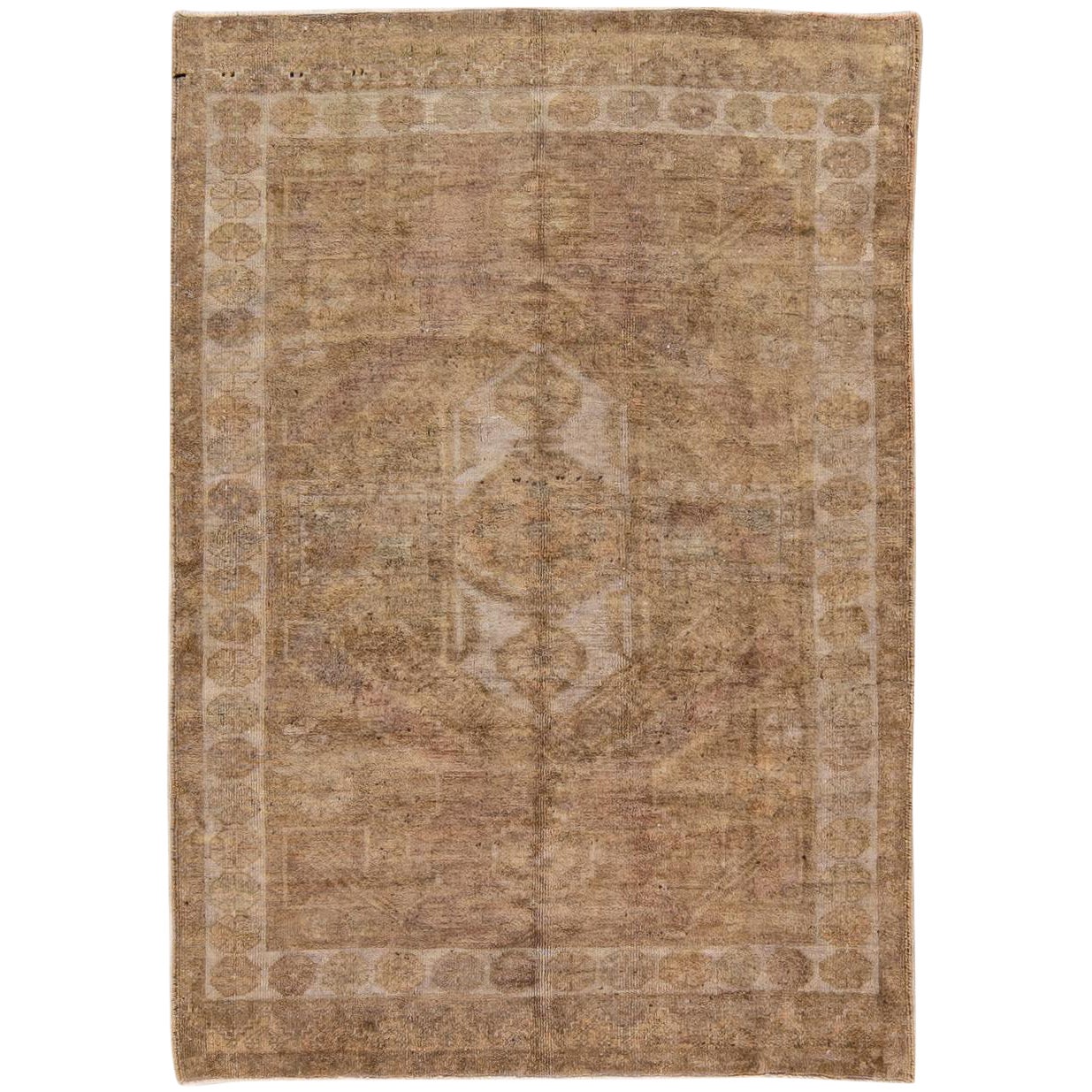 Tan Antique Khotan Handmade Floral Motif Wool Rug