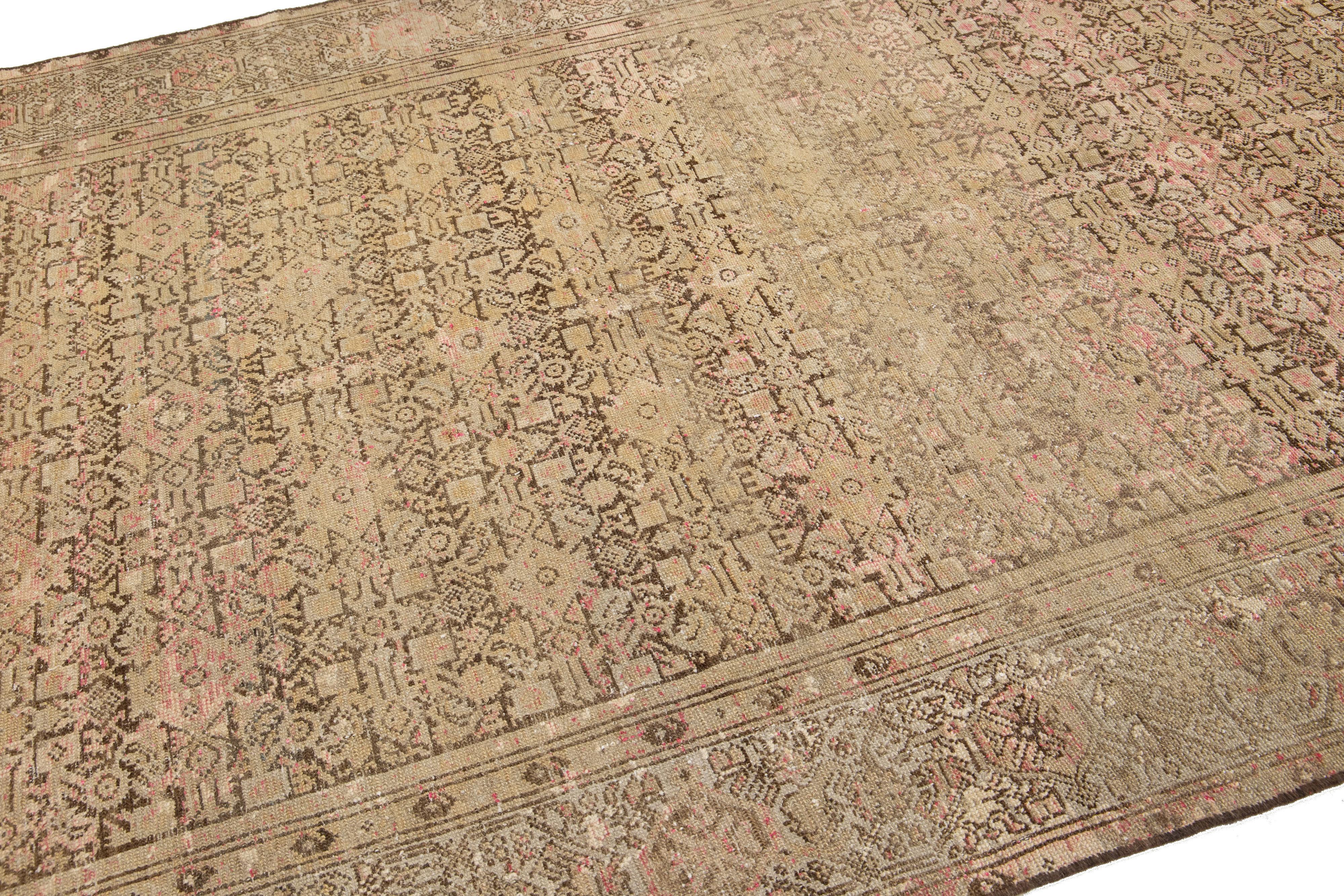 Hand-Knotted Tan Antique Malayer Wool Rug Handmade Allover Motif For Sale