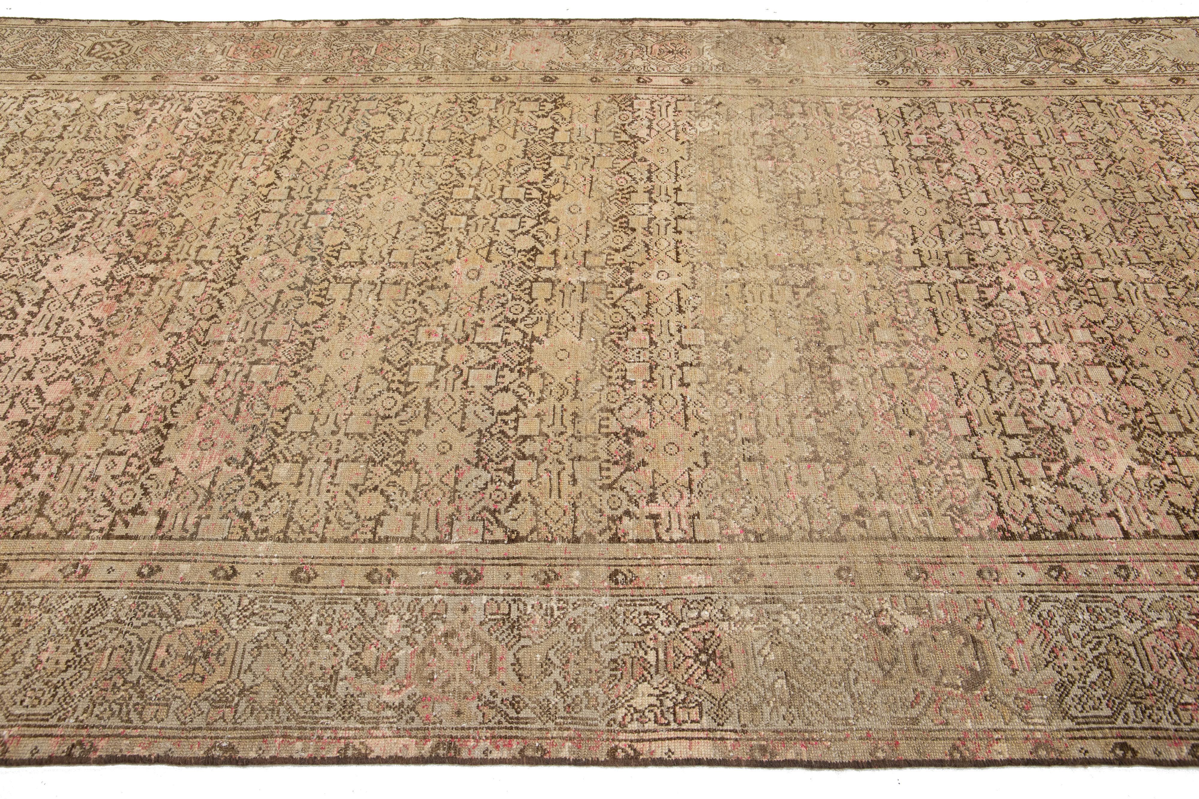 20th Century Tan Antique Malayer Wool Rug Handmade Allover Motif For Sale