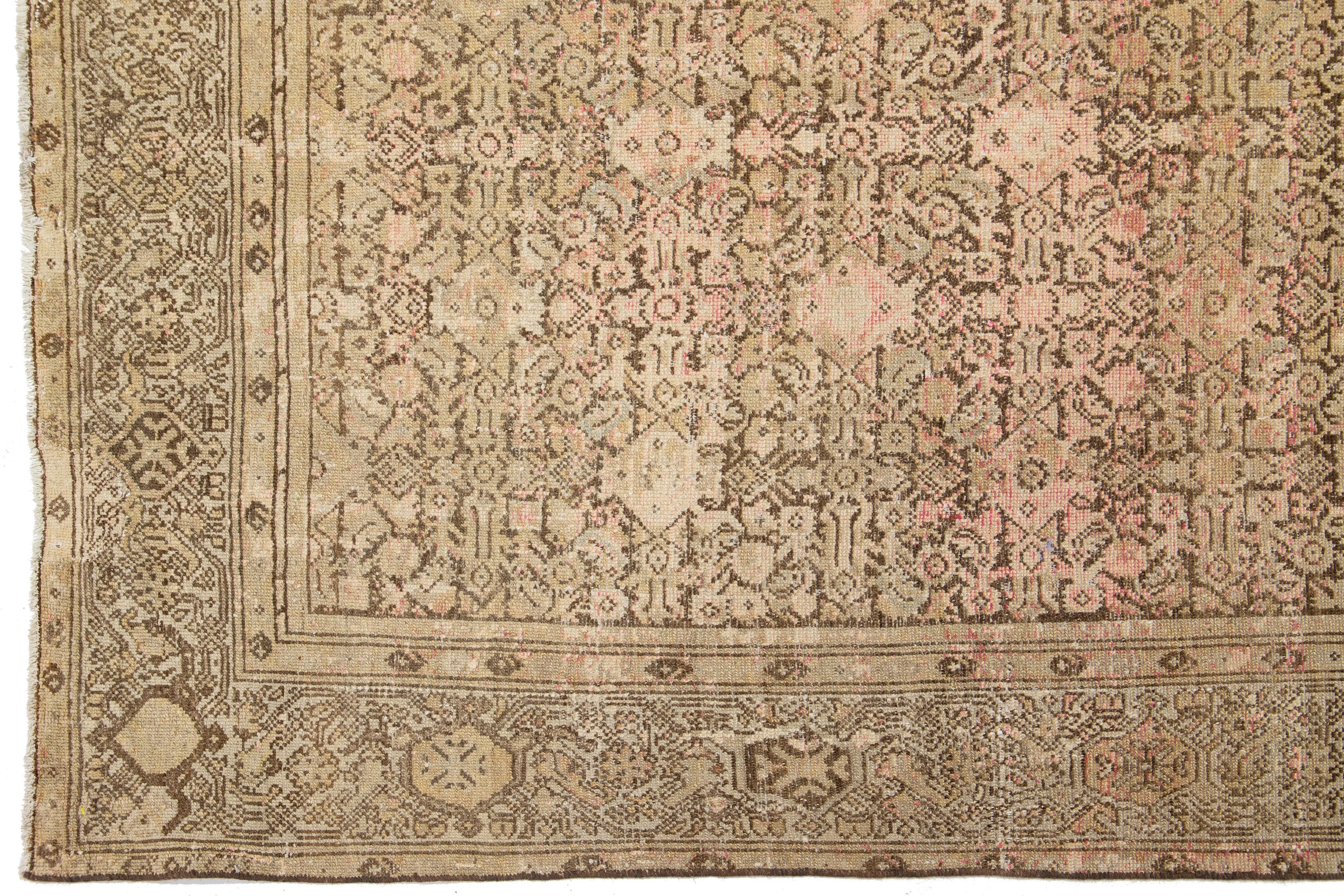 Tan Antique Malayer Wool Rug Handmade Allover Motif For Sale 1
