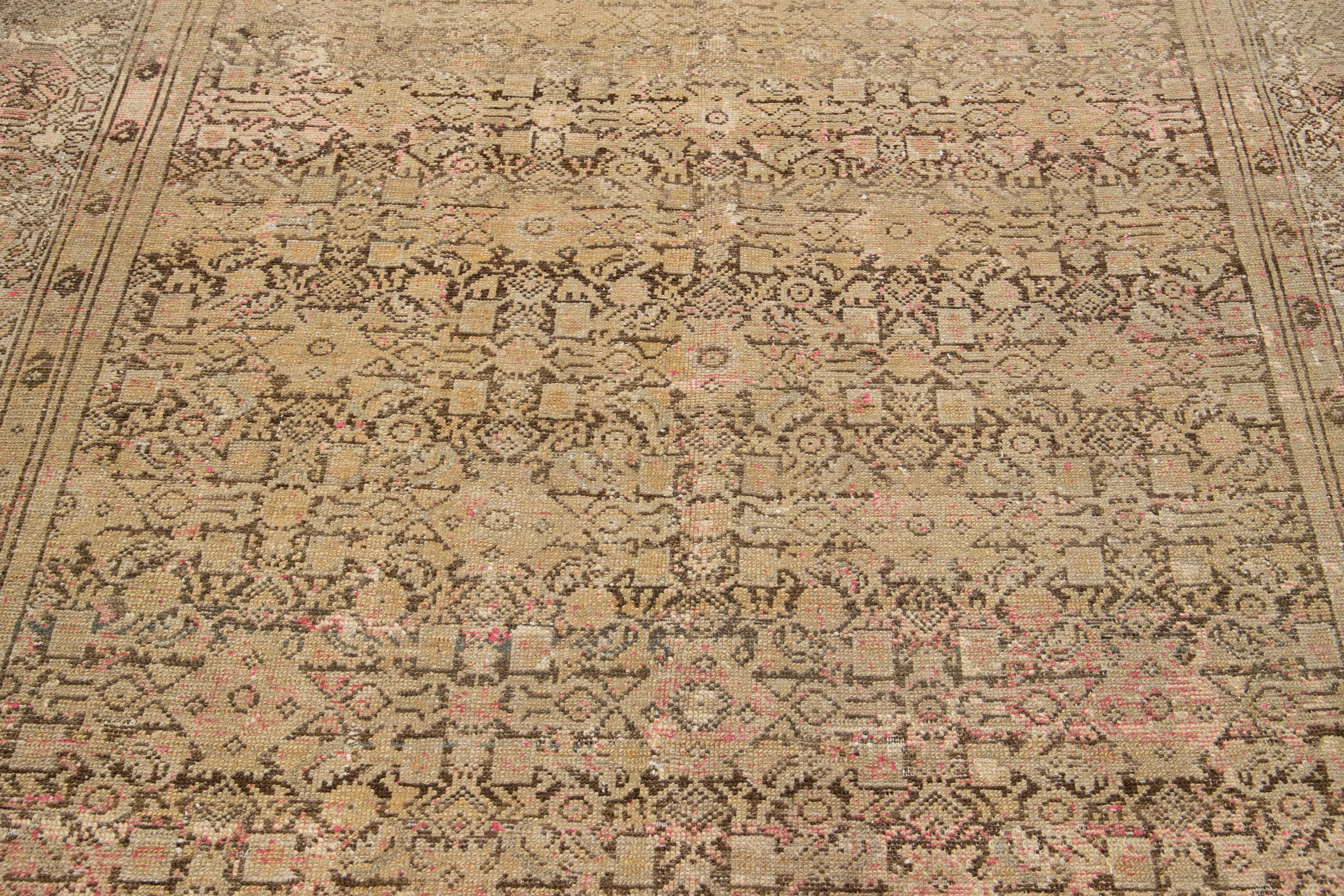 Tan Antique Malayer Wool Rug Handmade Allover Motif For Sale 2