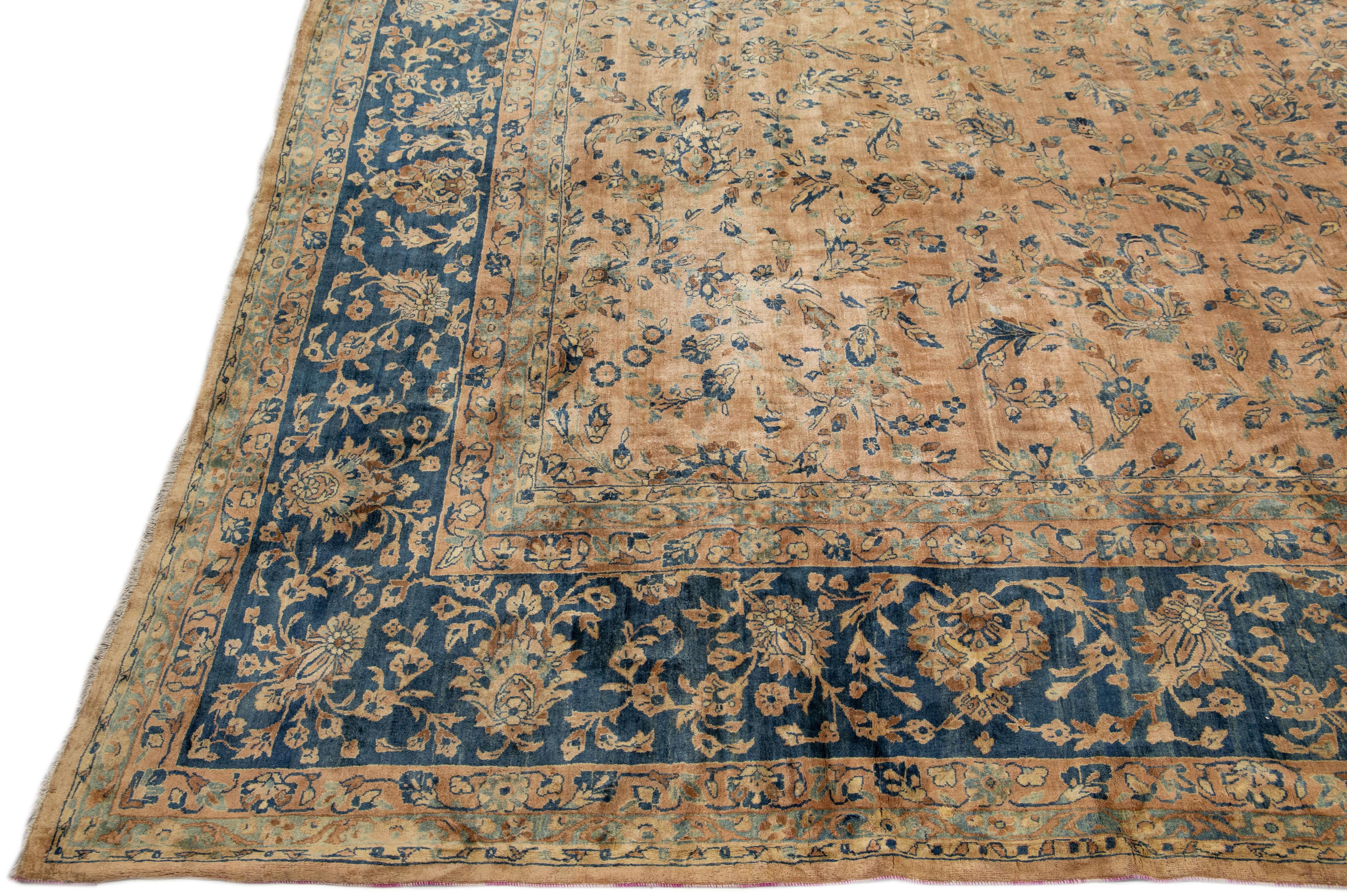 Hand-Knotted Tan Antique Tabriz Handmade Oversize Persian Wool Rug with Floral Design For Sale