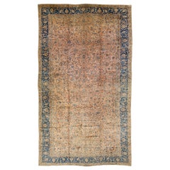 Tan Antique Tabriz Handmade Oversize Persian Wool Rug with Floral Design
