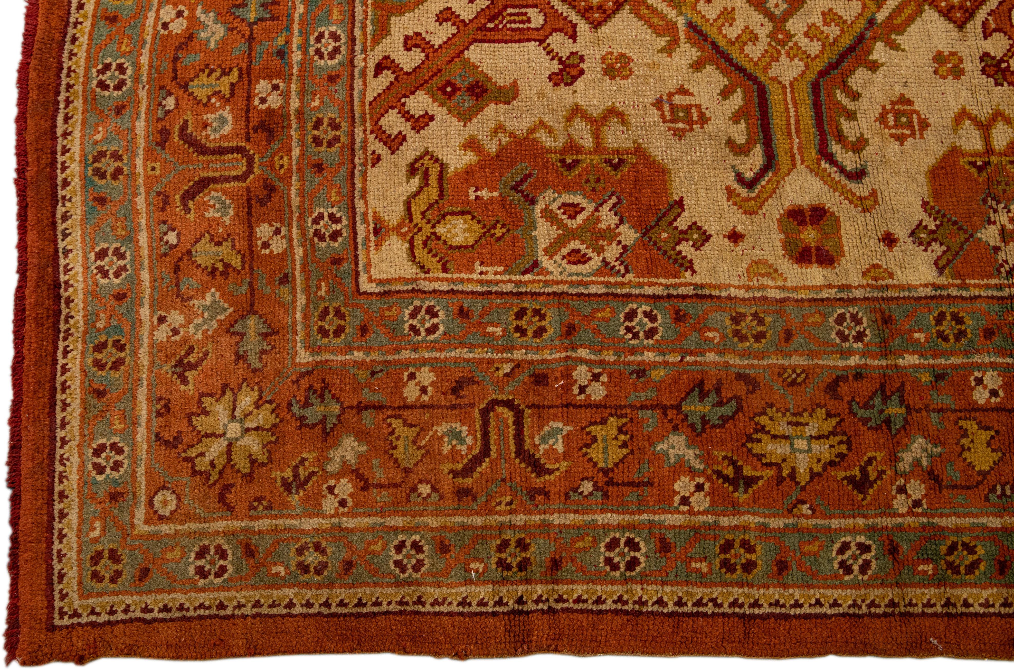 Hand-Knotted Tan Antique Turkish Oushak Handmade Square Wool Rug with Allover Designed For Sale