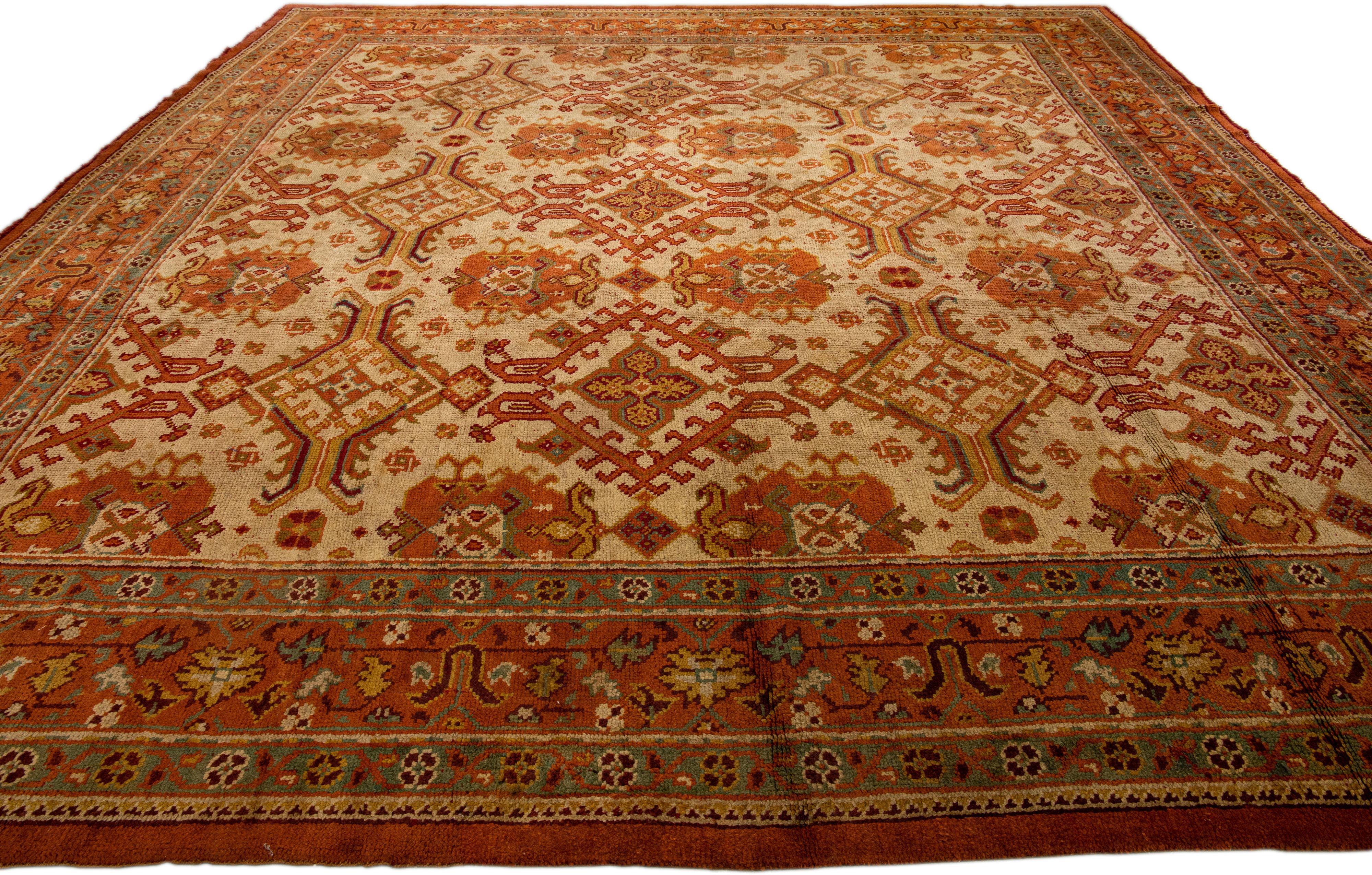 Tan Antique Turkish Oushak Handmade Square Wool Rug with Allover Designed In Excellent Condition For Sale In Norwalk, CT