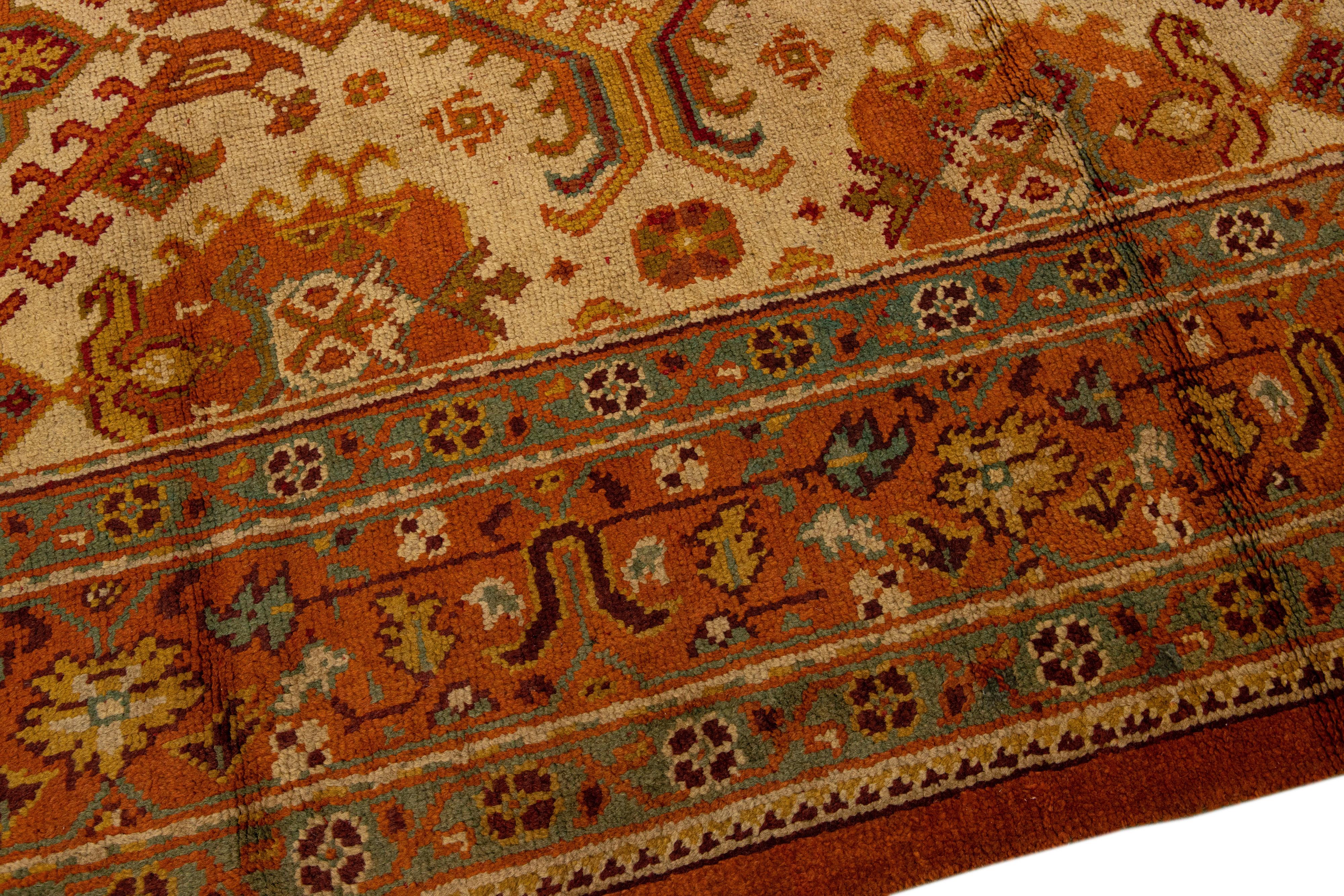 19th Century Tan Antique Turkish Oushak Handmade Square Wool Rug with Allover Designed For Sale