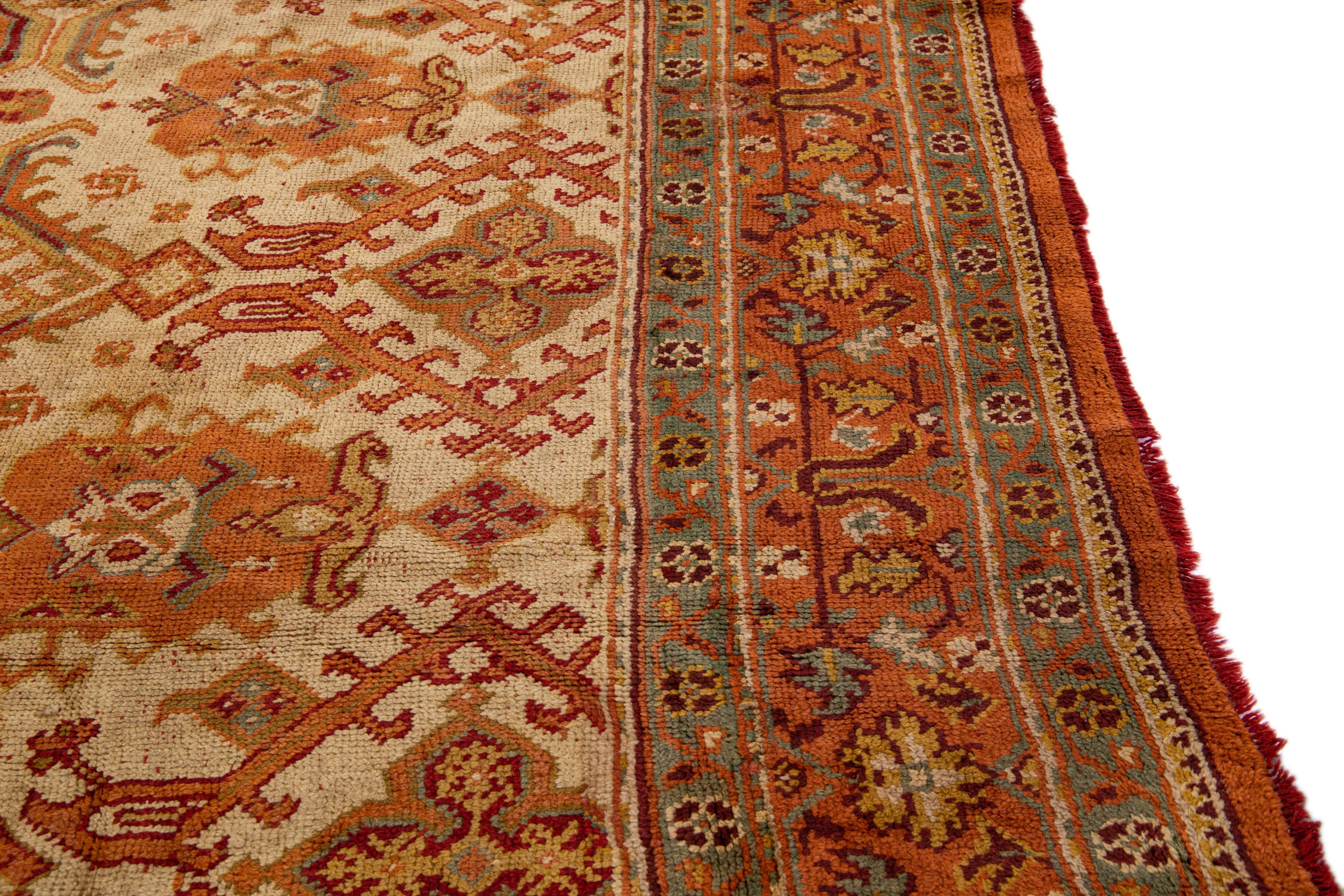 Tan Antique Turkish Oushak Handmade Square Wool Rug with Allover Designed For Sale 2