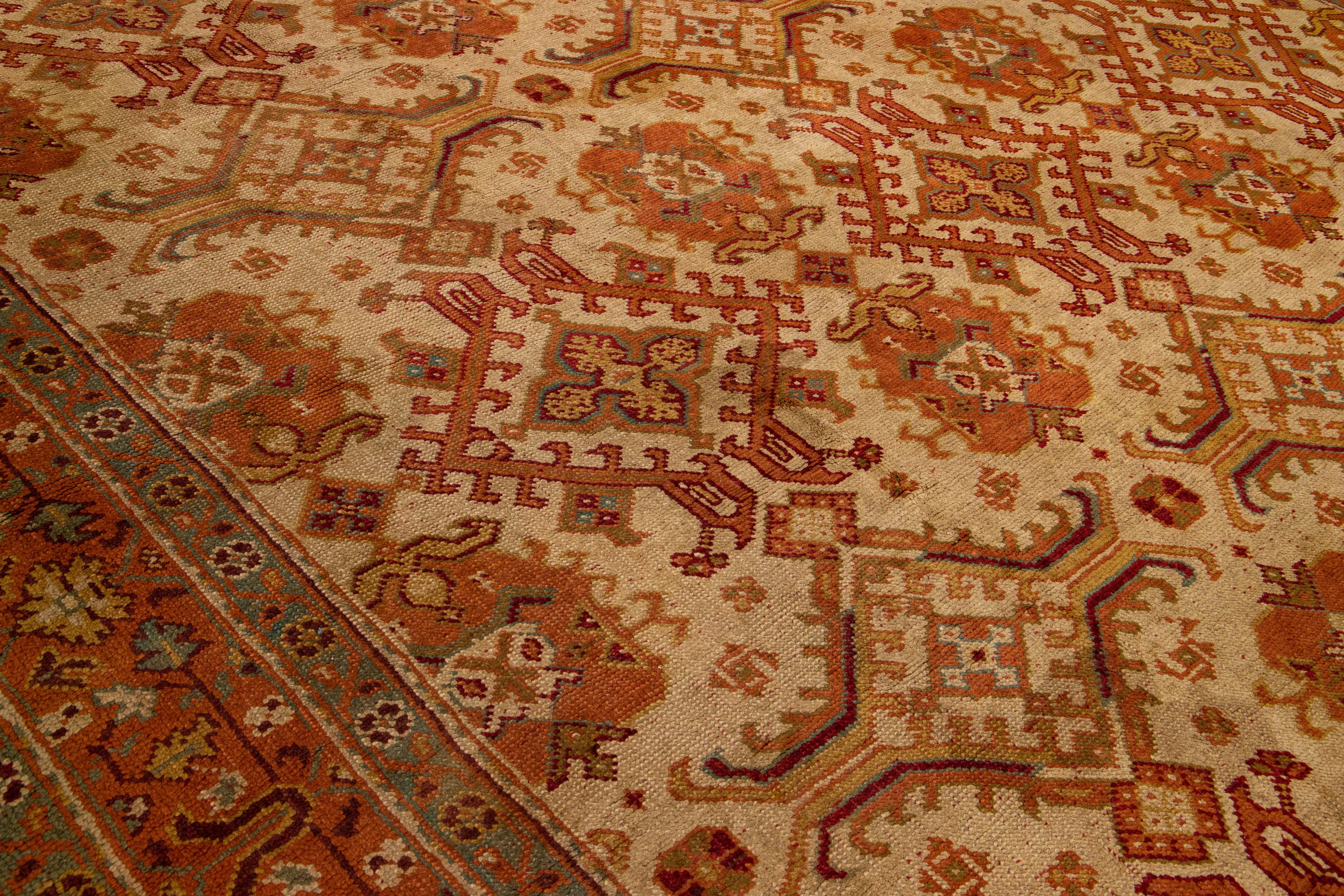 Tan Antique Turkish Oushak Handmade Square Wool Rug with Allover Designed For Sale 3