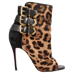 Tan & Black Christian Louboutin Leopard Print Ponyhair & Leather Booties Size 37