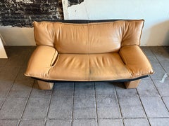 Tan & Black Nicoletti Salotti Post Modern Italian Leather Low Loveseat Sofa