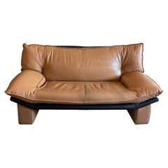 Tan & Black Nicoletti Salotti Post Modern Italian Leather Low Loveseat Sofa