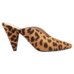 Tan & Black Prada Leopard Print Ponyhair Mules Size 39