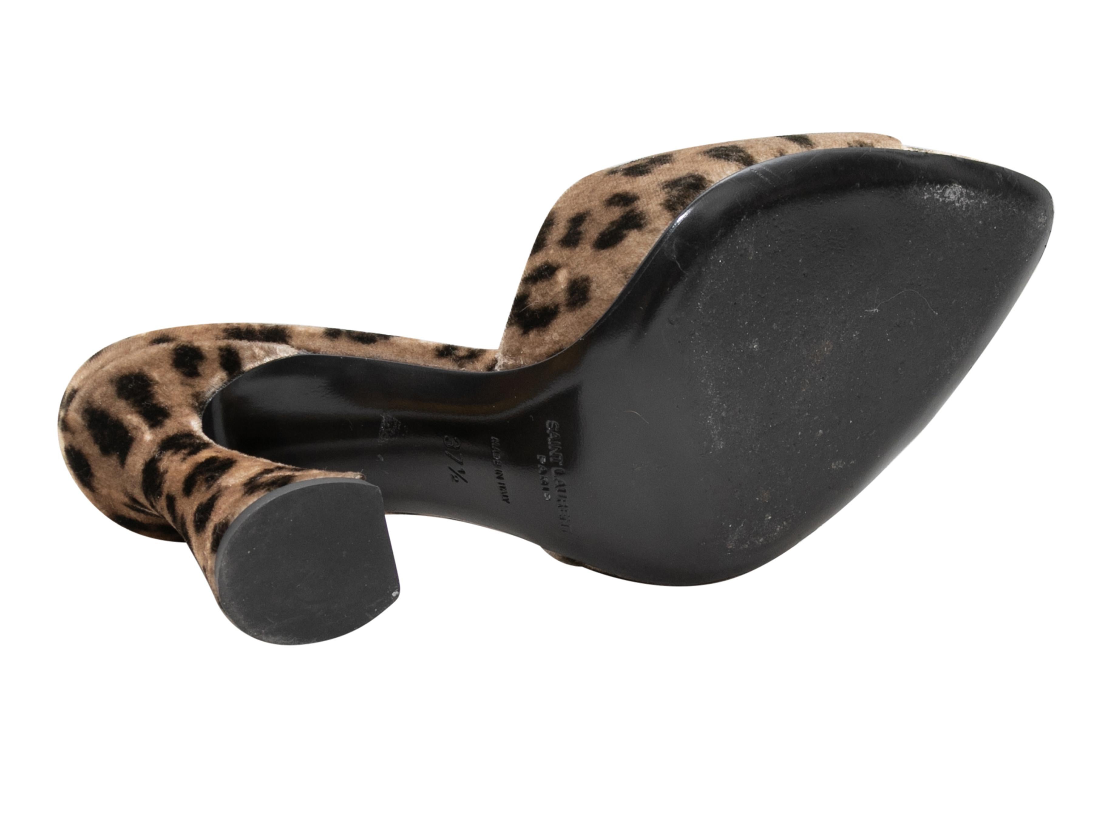 Tan and black 105 leopard print velvet heeled slide sandals by Saint Laurent. 4