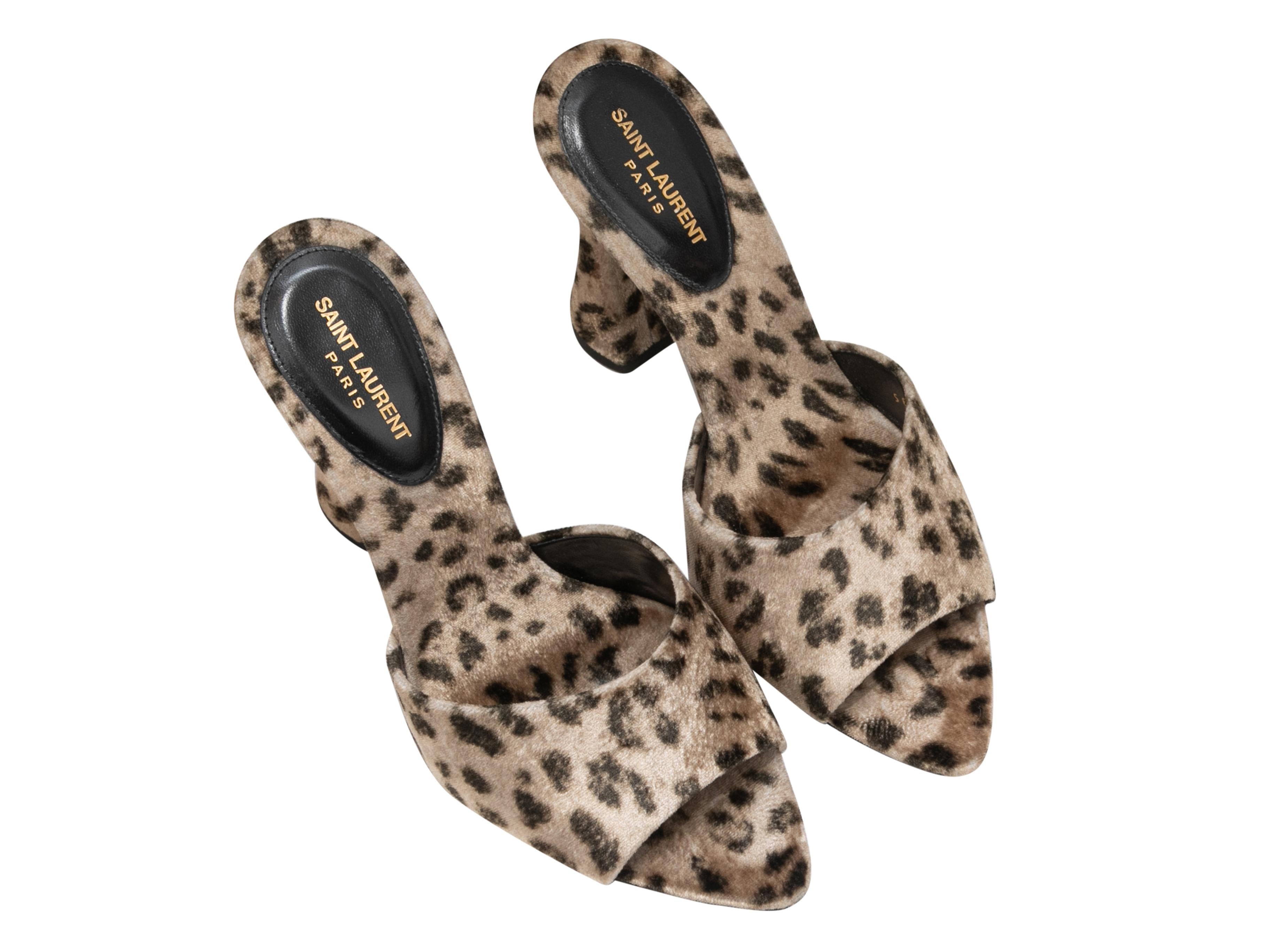 Beige Tan & Black Saint Laurent 105 Leopard Print Velvet Heeled Sandals Size 37.5 For Sale