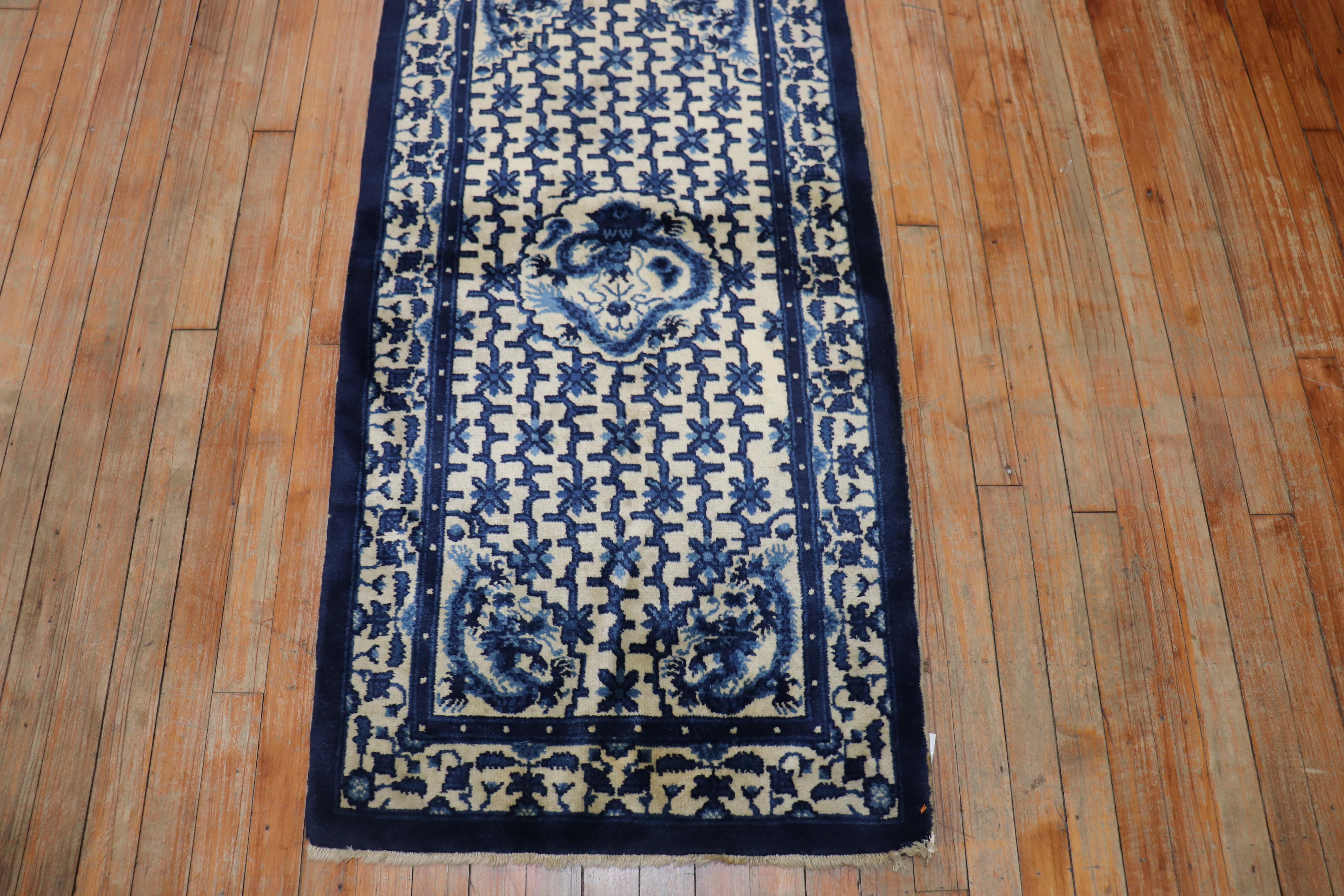 Hand-Woven Tan Blue Chinese Scatter Size Dragon Medallion Rug