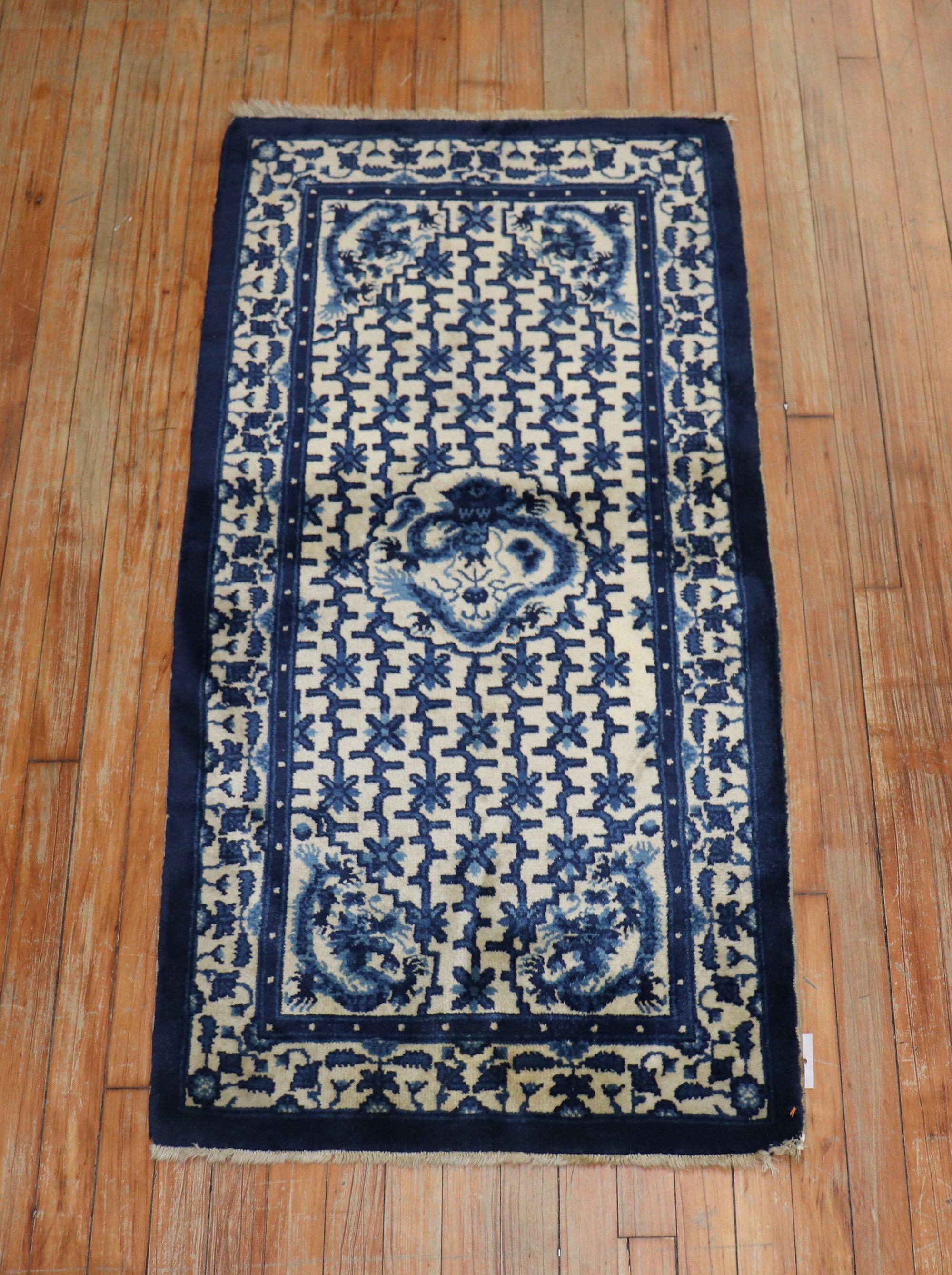 20th Century Tan Blue Chinese Scatter Size Dragon Medallion Rug