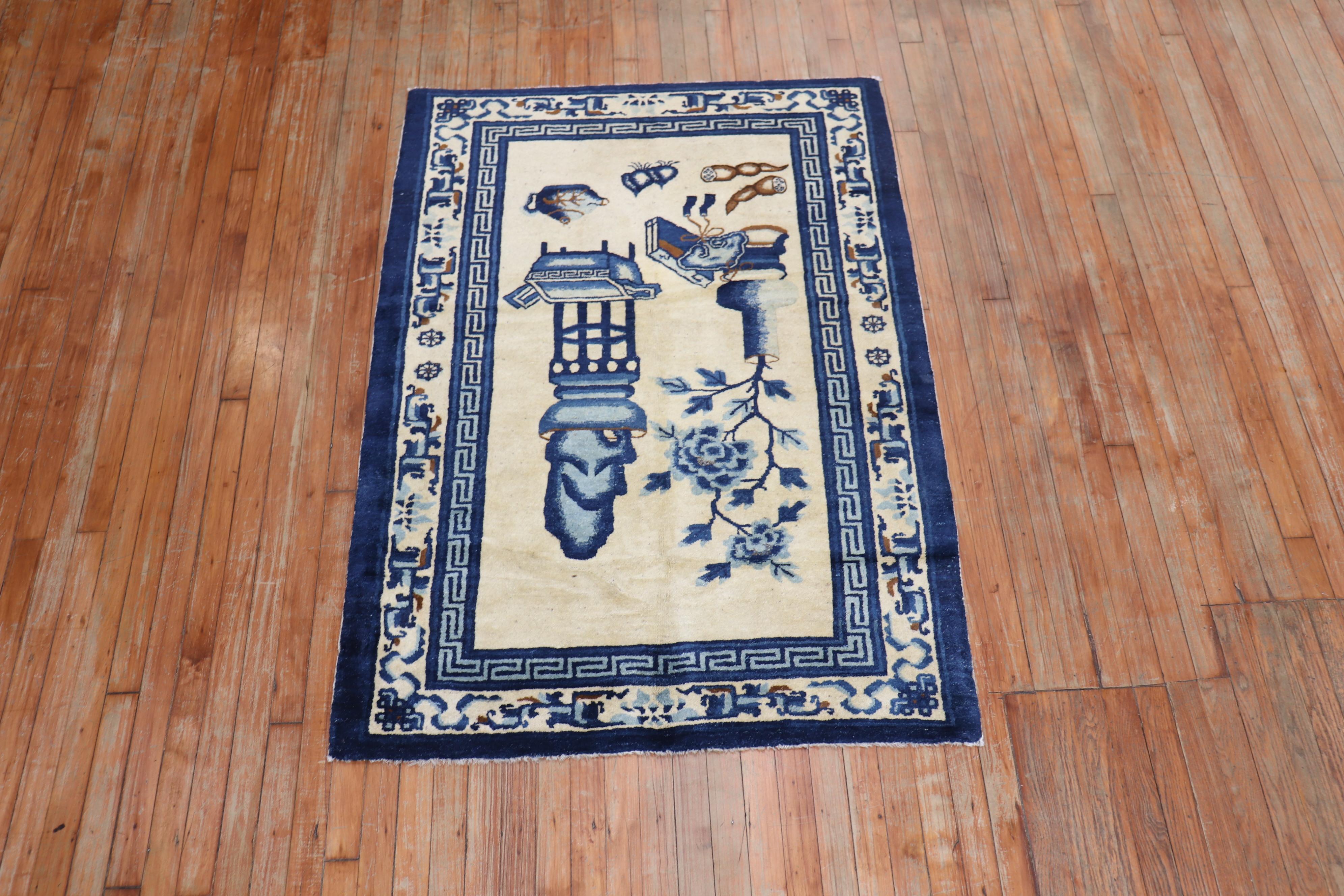 Wool Tan Blue Color Early 20th Century Antique Chinese Oriental Rug For Sale
